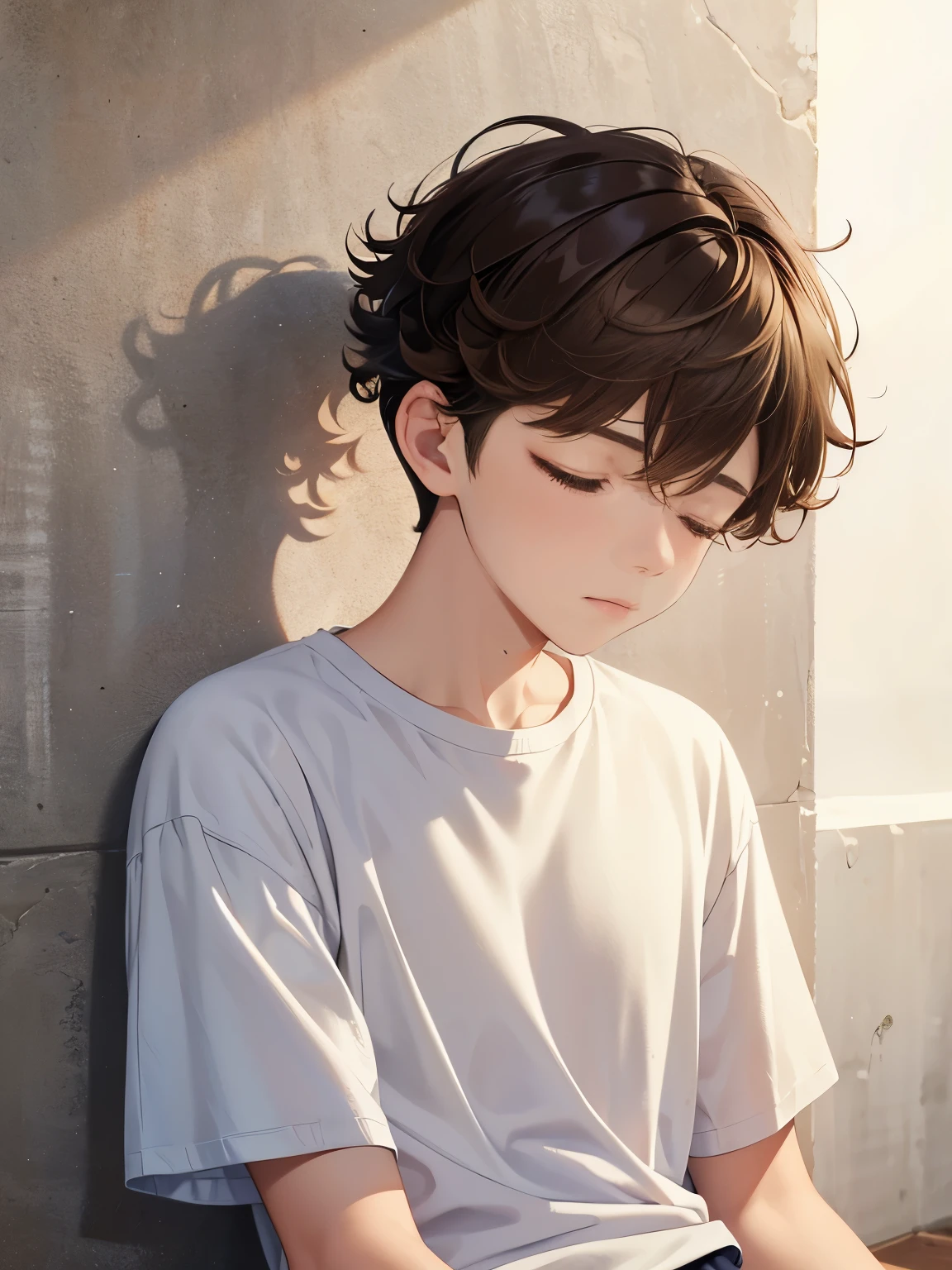 1boy,guy,closed eyes,Sleeping against the wall,15 years old,Curly hair,medium hair,undercut hairstyle,undercut,light brown hair,Plain t-shirt, white t-shirt,white trousers,ultra detail, perfect face, hd face, detailed face, masterpiece