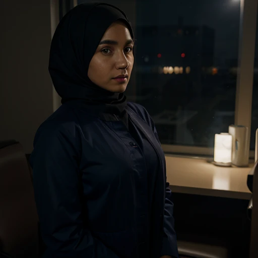30 years Old, Hijab, mature woman, Big  : 30, doctor suit, at doctor office, Dark light, at Nighttime.