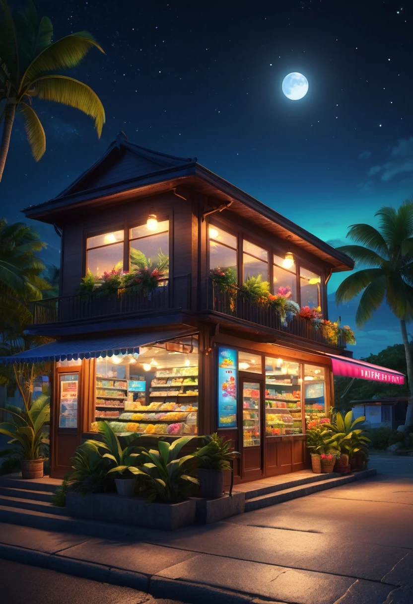 (best quality,4k,8k,highres,masterpiece:1.2),ultra-detailed,(realistic,photorealistic,photo-realistic:1.37),midnight convenience store,small family convenience store on tropical island,night,midnight,fullmoon,open store,peaceful,glimmering lights,serene atmosphere,embellished storefront,neon signs,shimmering reflections,lush tropical foliage,vibrant flowers,tranquil surroundings,gentle ocean breeze,inviting entrance,silent streets,calm waves,sleepy atmosphere,resplendent sky,twinkling stars,endless summer night,cozy ambiance,harmonious colors,warm lighting,nostalgic feeling。