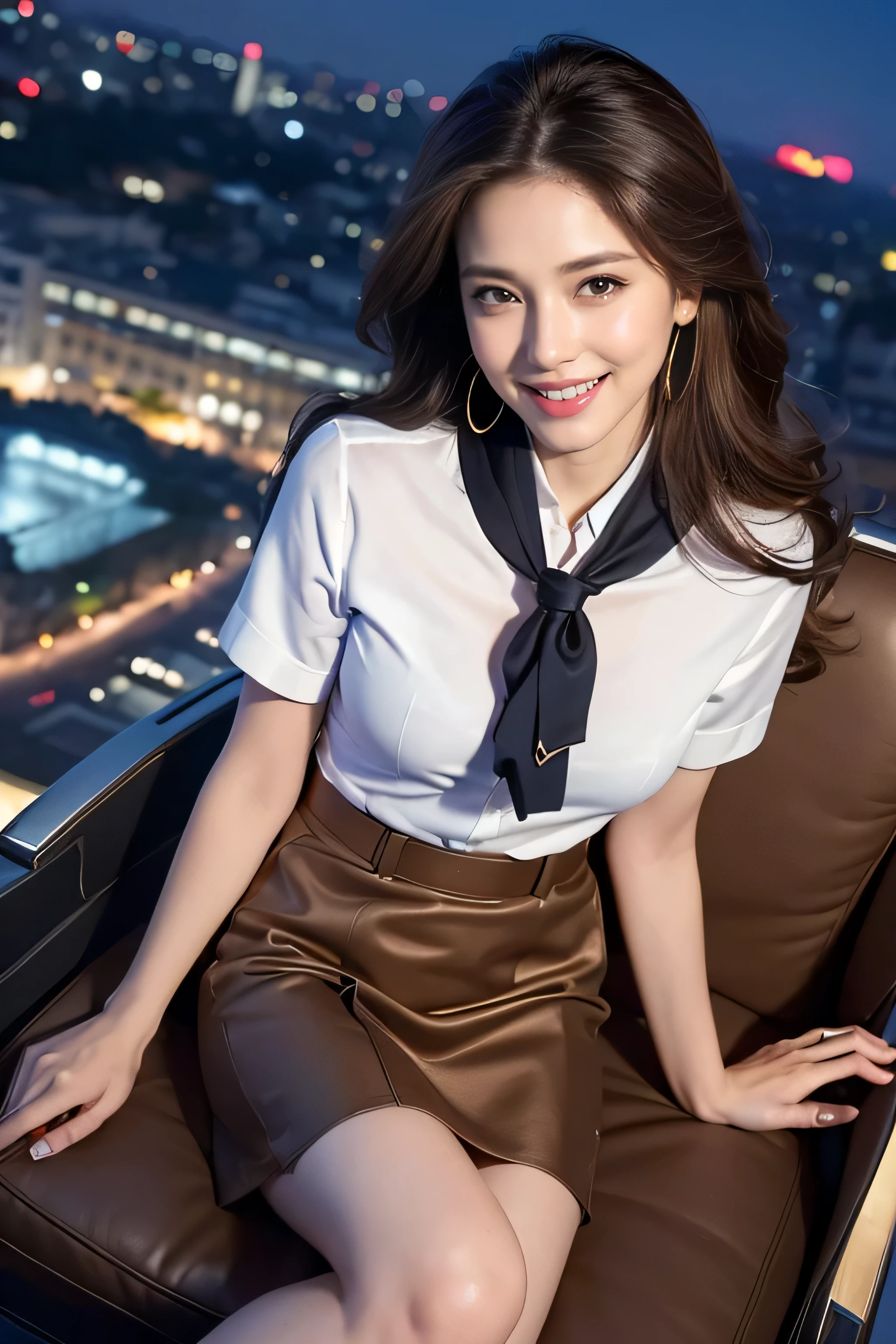 highest quality, masterpiece, 8K, ultra high resolution, (realistic: 1.4), 1 girl, beautiful face, symmetrical eyes, big, perfect body proportions, ((long hair))、((brown hair)), secretary、(luxury business suits)、The viewer's gaze, (president'office、blurred background), Front view, Absolute area (1.3),friendly smile、seems kind、cowboy shot,((shy smile:1.3)),((gold necklace_Large earrings:1.2)),((stewardess uniform,flight attendant uniform,tight miniskirt,white shirt,silk scarf,inside the airplane:1.4),((Hair with loose waves inside:1.2)),((Super long brown hair:1.2))((sitting on a chair, night view terrace background:1.3)),((From an oblique angle above:1.5)),