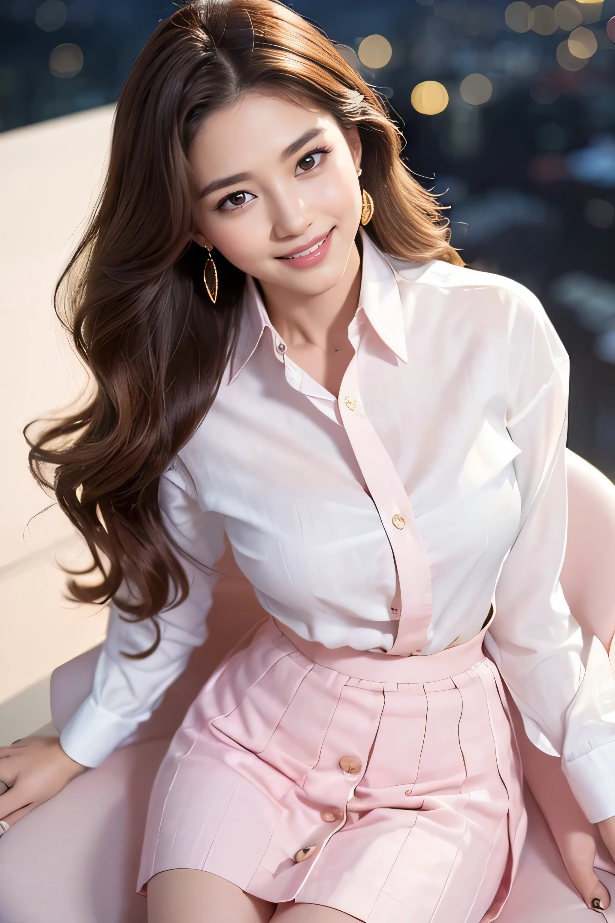 highest quality, masterpiece, 8K, ultra high resolution, (realistic: 1.4), 1 girl, beautiful face, symmetrical eyes, big, perfect body proportions, ((long hair))、((brown hair)), secretary、(luxury business suits)、The viewer&#39;s gaze, (president&#39;office、blurred background), Front view, Absolute area (1.3),friendly smile、seems kind、cowboy shot,((shy smile:1.3)),((gold necklace＿Large earrings:1.2)),(((wearing a classy (white) Button shirt:1.2), ((Light pink) long irregular hem skirt:1.2), close the button:1.4),((Hair with loose waves inside:1.2)),((Super long brown hair:1.2))((sitting on a chair, night view terrace background:1.3)),((From an oblique angle above:1.5)),