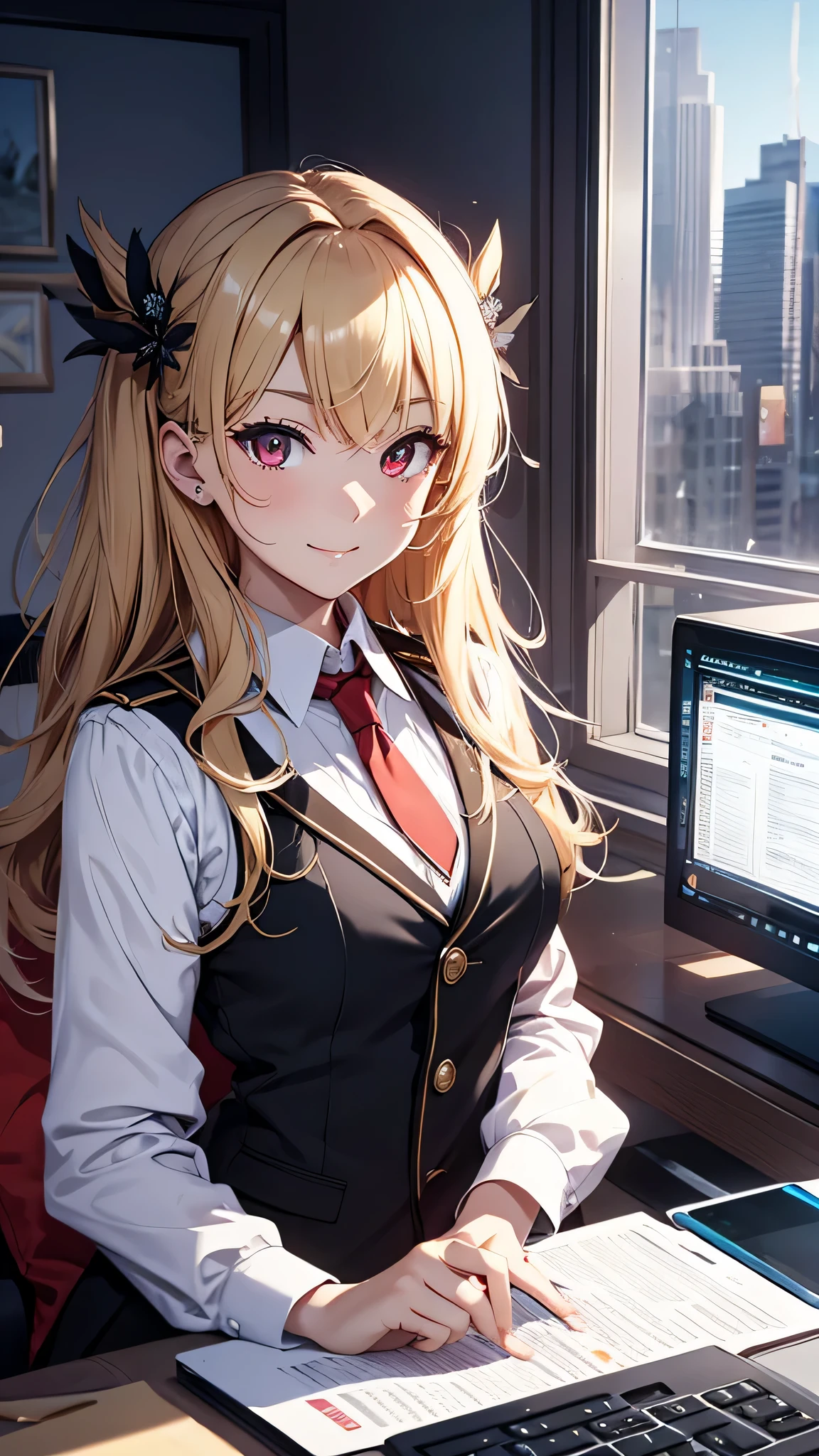 最high quality、best image quality、masterpiece、girl((18-year-old、 By becoming、vest bust、medium bust,wide open breast tea、red glowing eyes, blonde、messy hair、long hair、thin,highest valley、black suit、Blue tie、open chest、White wristband、smile、Leaning forward、hair ornaments、have a laptop)),high quality、beautiful art、background((White computer room))、Flight、debris flies、Depth of written boundary、movie、visual art、perfect art、8K,genuine、