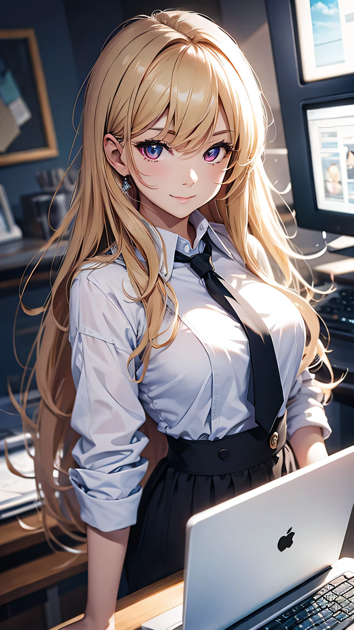 最high quality、best image quality、masterpiece、girl((18-year-old、 By becoming、vest bust、medium bust,wide open breast tea、red glowing eyes, blonde、messy hair、long hair、thin,highest valley、black suit、Blue tie、open chest、White wristband、smile、Leaning forward、hair ornaments、have a laptop)),high quality、beautiful art、background((White computer room))、Flight、debris flies、Depth of written boundary、movie、visual art、perfect art、8K,genuine、