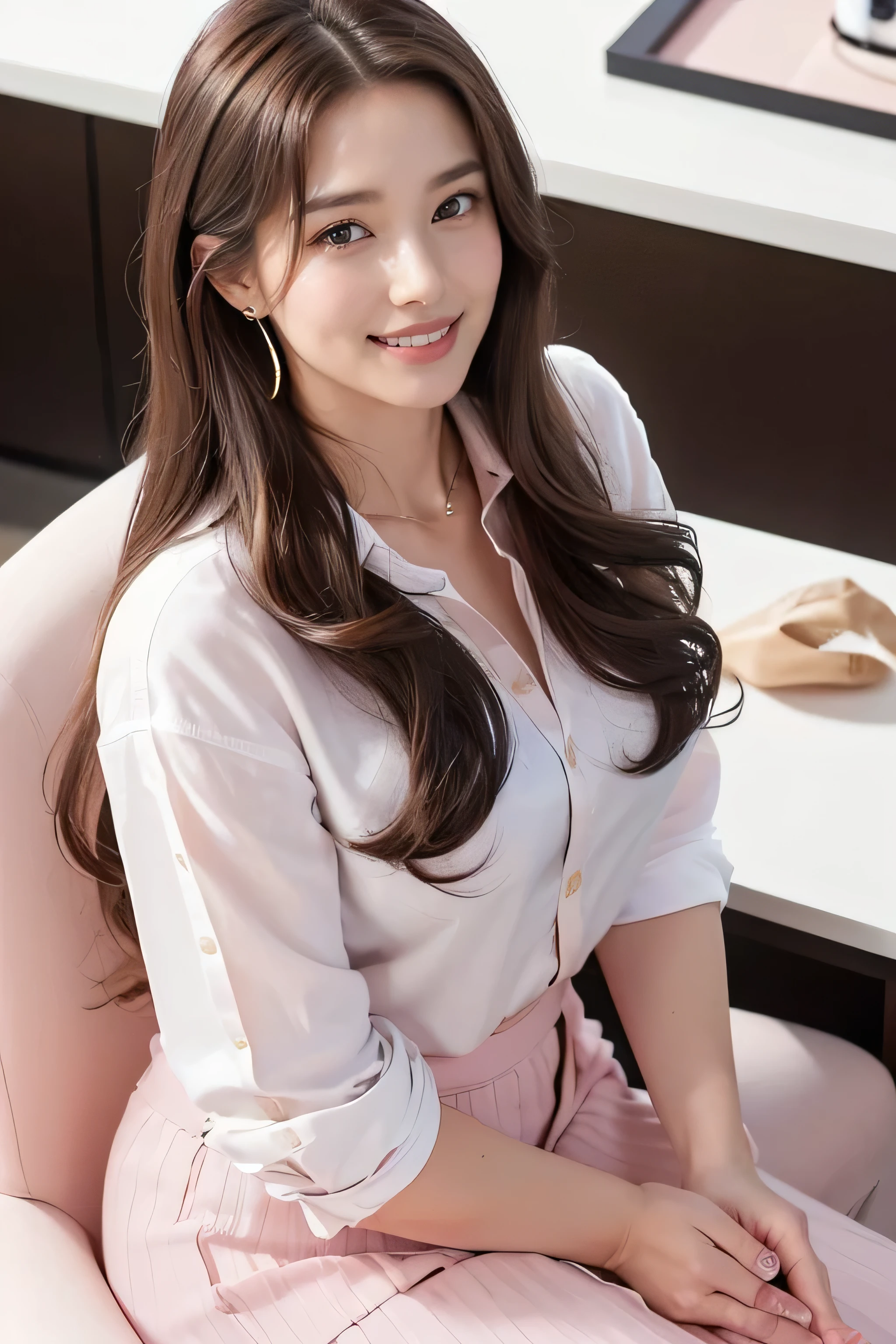 masterpiece, full body shot, young beautiful japanese woman, gorgeous appearance, hyper pretty face, glossy lips, double eyelids in both eyes, natural makeup, long eyelashes, Neck length shiny smooth light brown hair, asymmetrical bangs, She is wearing a shiny satin light pink short nurse uniform., sitting alone in the nurse's chair' station, big smile, head frame, center image, 8K resolution, high detail, detailed hairstyle, detailed face, great cinematic lighting, octane rendering, vibrant, surreal, perfect limbs, perfect anatomy