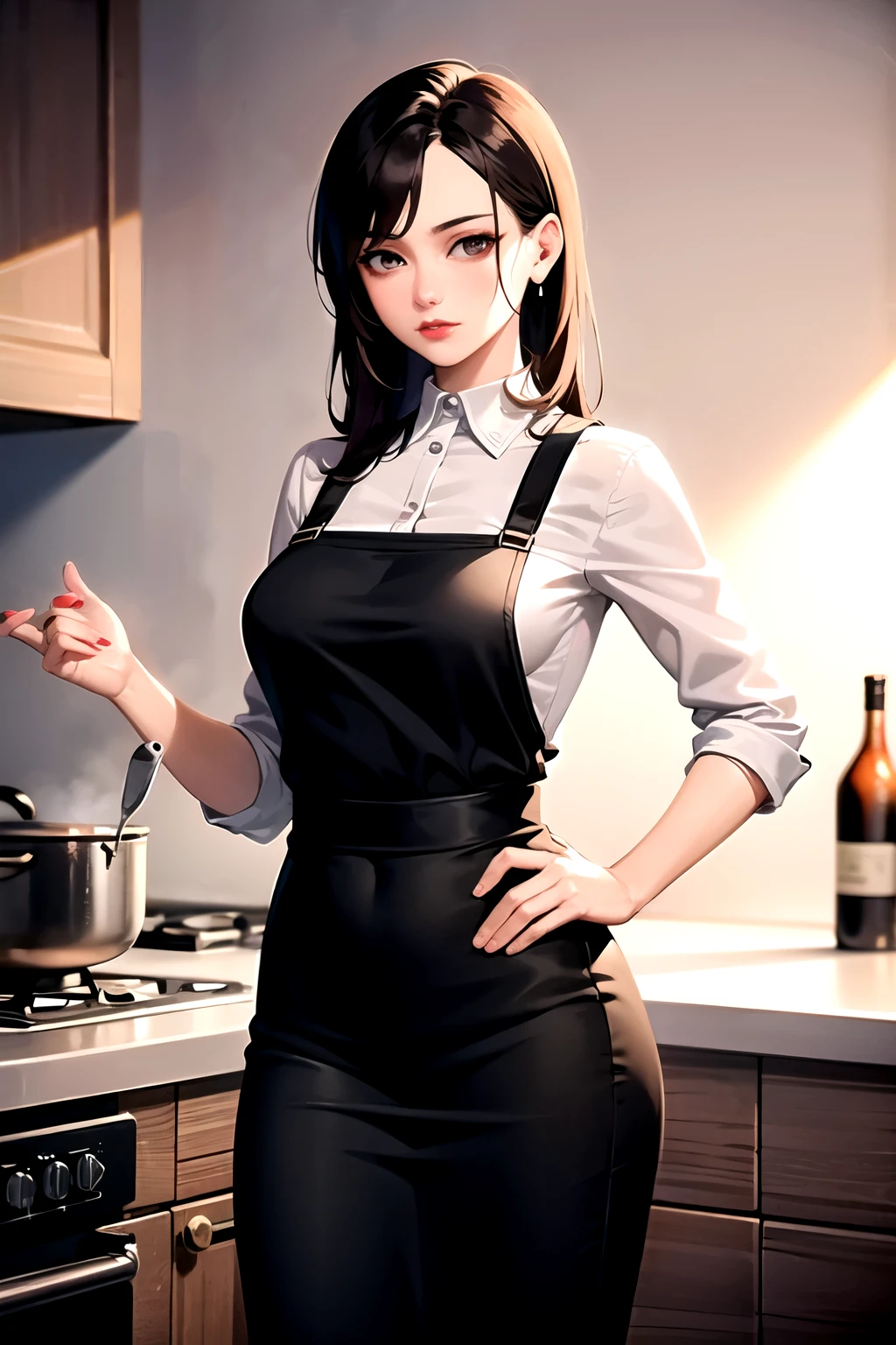((best quality)), ((masterpiece)), (detailed), Young female 28 years old,working women,Mature,expressionless,red lips,Long black hair,black long skirt,(Cooking in the kitchen)