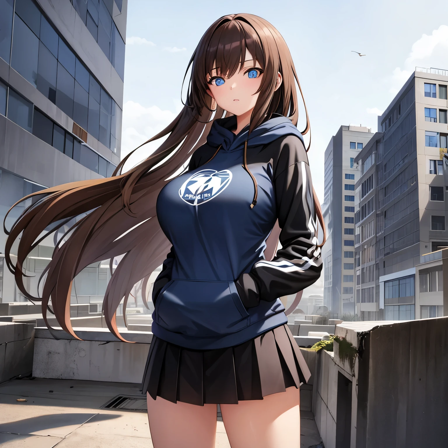 one girl, Brown-haired, Blue-eyed, fair-skinned and beautiful girl, Wearing hoodie, wear a skirt, big breast, the rooftop background of the Abandoned building, height of the girl 160 Cm, Anime face, high detailed,
