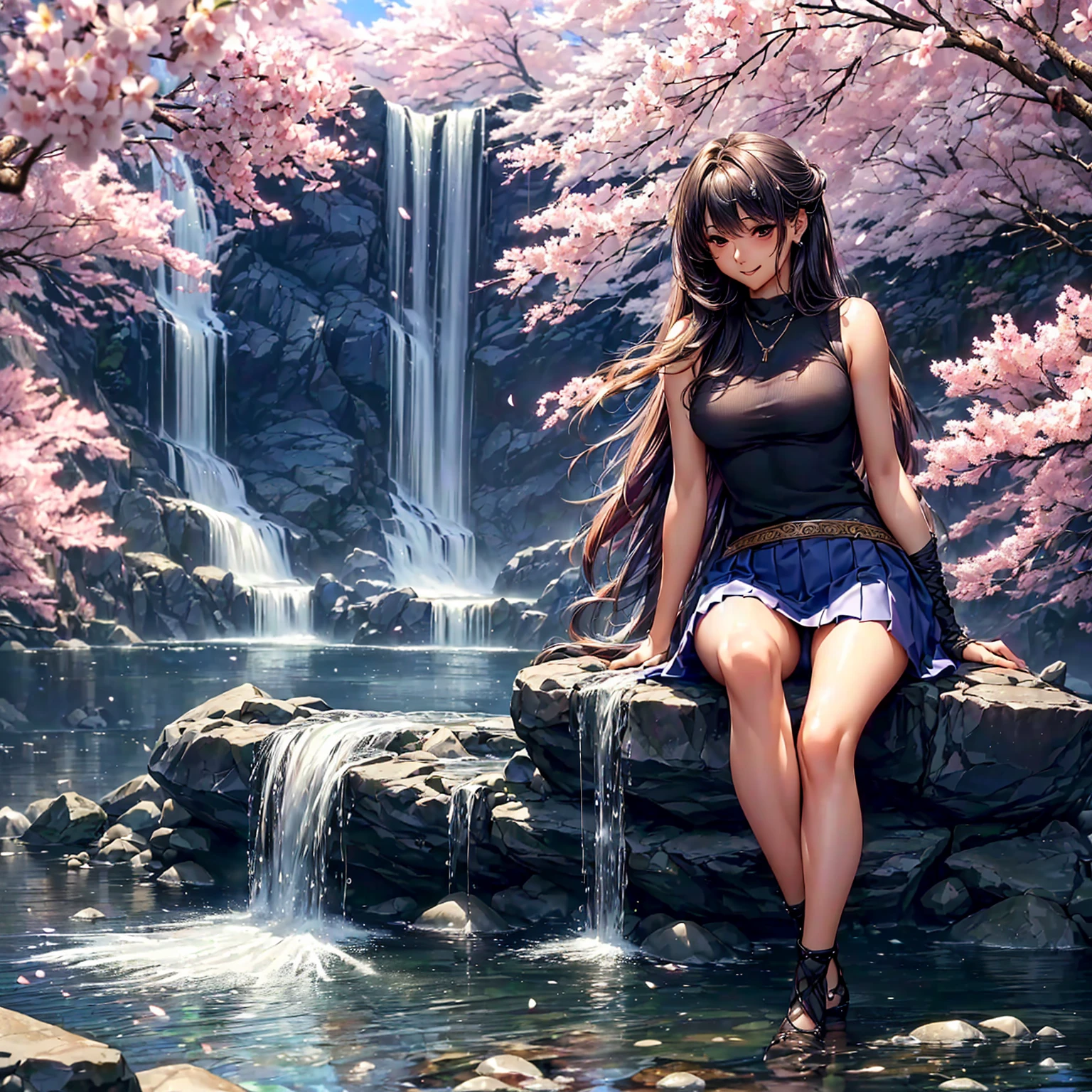 (((highest quality、masterpiece、Very high resolution、high resolution images)))、Beauty Painting、(One strong-willed beautiful girl:18-year-old、beautiful body:Slender Beautiful Breasts、beautiful face:smile、beautiful hair:various hairstyles)、 (best skin and hair texture)、((Sleeveless sweater、knee high fishnet stockings、flare skirt、1 diamond necklace))、(Fantastic waterside、There is a waterfall、Cherry blossoms and a fantastic night sky、Natural light、beautiful scenery、beautiful scenery)、(Beautiful pose: sitting cross-legged on stone stepodel shoot)、accurate image:1.5、accurate anatomy:1.5、Image without defects、perfect image、Whole image、(best shot、RAW photo:1.2)