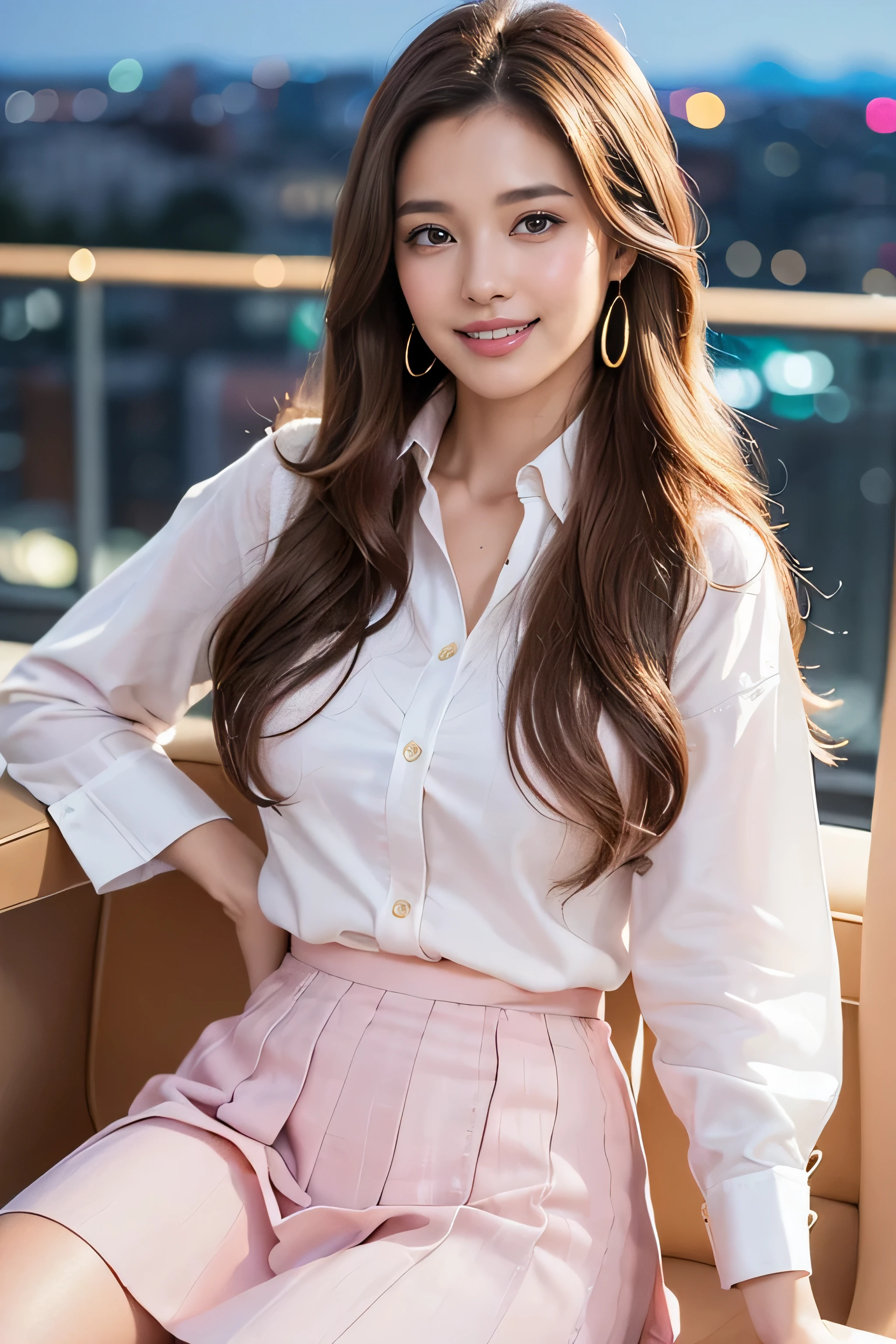 Beautiful detailed face、Pale skin、Realistic glowing skin、Detailed cloth texture、Detailed hair texture、Perfect body、Beautiful Face、correct、Anatomically correct、 Highly detailed face and skin texture、Natural neck length、(Beautiful Hands)、(Fair skin:1.2)、Thin legs、Thin legs、 Break Fine Eyes、Symmetrical eyes、Light brown eyes、double eyelid、Thin eyebrows、(Glossy Lips:1.4)、((Gentle smile:1.2))、(blush:1.1)、 break (Elegant and cute girl:1.3)、Medium-sized large breasts、(Slim body type:1.1)、Toned Abs、Beautiful clavicle、 (Dark Blonde、Wavy Hair、Long Hair:1.2)、full figure supermodel standing, entire body in frame、full body portrait、((wearing a classy (white) Button shirt:1.2), ((Light pink) long irregular hem skirt:1.2), close the button, , ((In a stylish office at night:1.4))、(Cowboy Shot:1.2)((open the office door:1.3))
