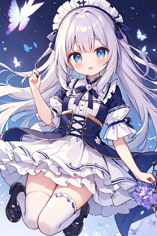 ruffle sleeves, knee socks, pumps, Frilled ribbon on the chest, White tutu skirt，lilac hair，blue eyes