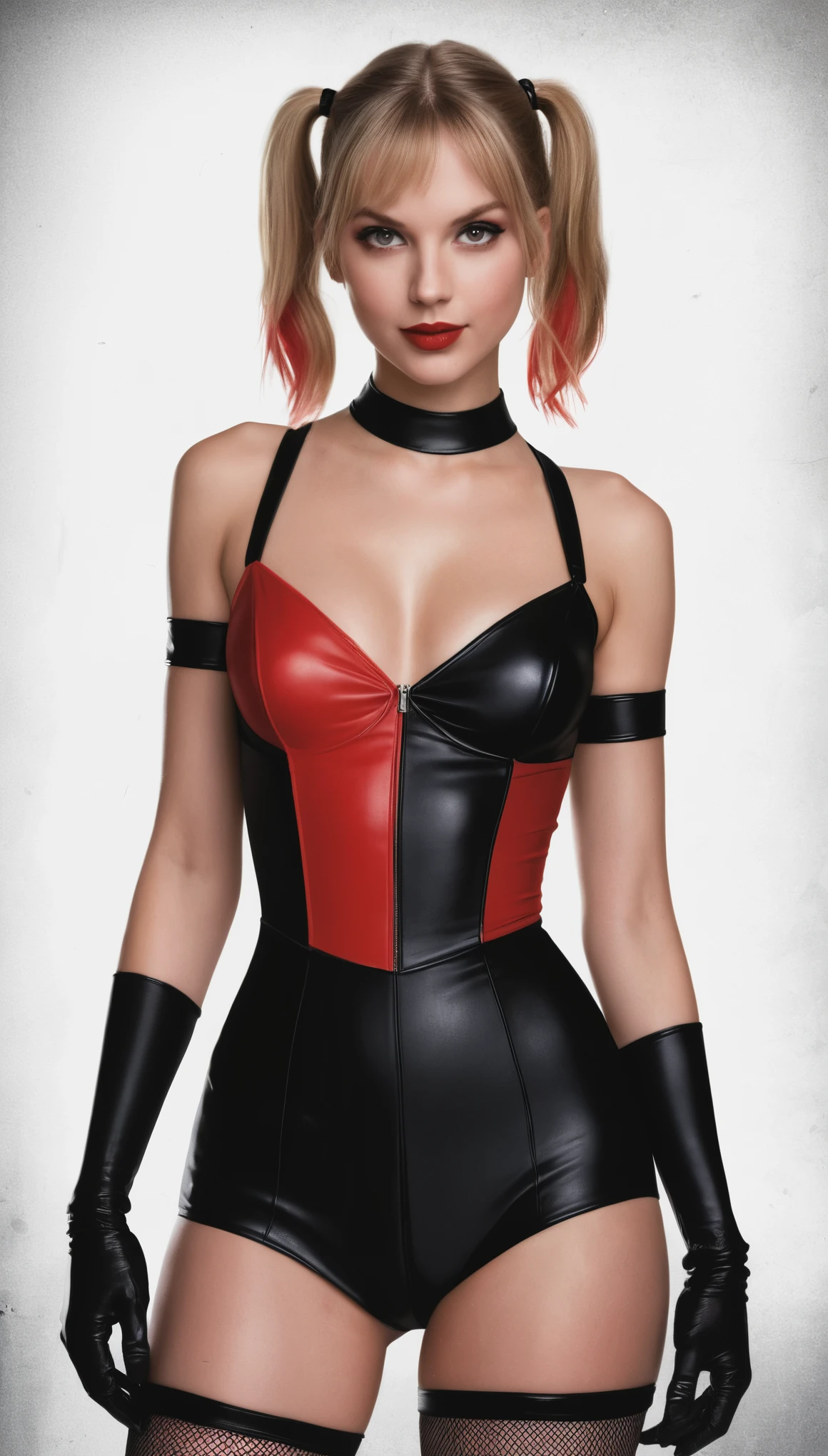 An illustrated movie poster of Taylorr Swift dressed as Harley Quinn, wearing a black and red romper, hourglass figure, f /2.8, cinematic, high quality, skin texture, looking at the camera hard shadows, graphite shading, stencil marks, airbrushed acrylic paint, masterpiece