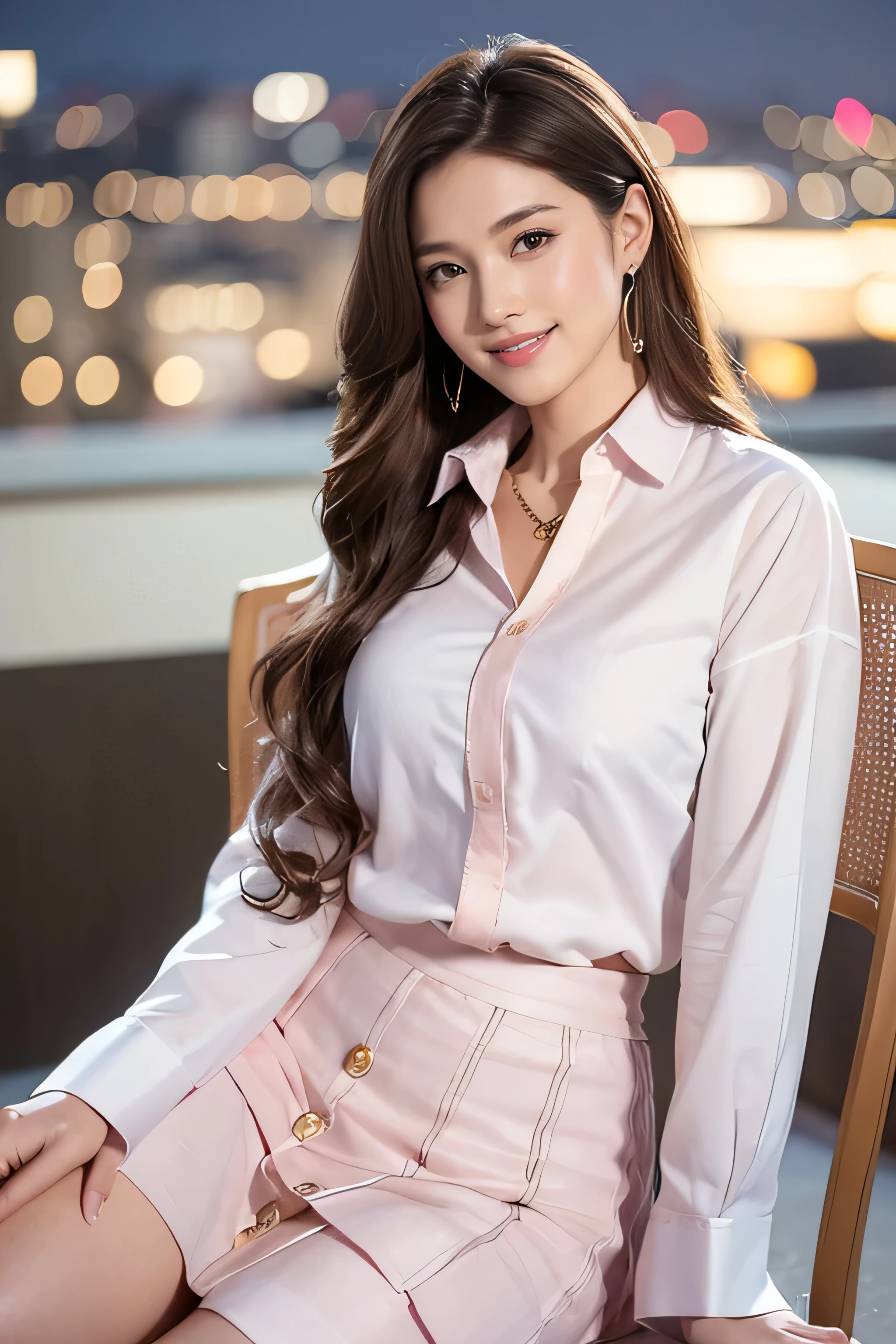 highest quality, masterpiece, 8K, ultra high resolution, (realistic: 1.4), 1 girl, beautiful face, symmetrical eyes, big, perfect body proportions, ((long hair))、((brown hair)), secretary、(luxury business suits)、The viewer's gaze, (president'office、blurred background), Front view, Absolute area (1.3),friendly smile、seems kind、cowboy shot,((shy smile:1.3)),((gold necklace_Large earrings:1.2)),(((wearing a classy (white) Button shirt:1.2), ((Light pink) long irregular hem skirt:1.2), close the button:1.4),((Hair with loose waves inside:1.2)),((Super long brown hair:1.2))((sitting on a chair, night view terrace background:1.3))((Facing towards the left side:1.5)),