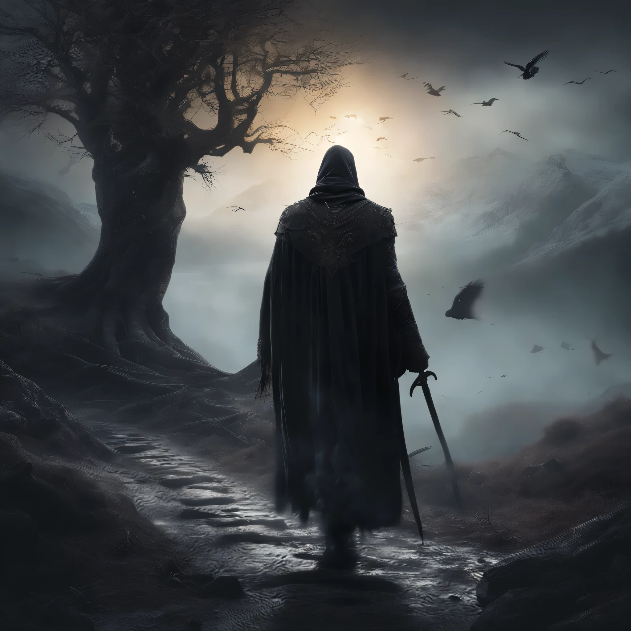 (best quality,4k,8k,highres,masterpiece:1.2),ultra-detailed,(realistic,photorealistic,photo-realistic:1.37),Norse god Odin,walking across an ancient road,wearing black cloths,accompanied by crows,old,weathered road,atmospheric fog,looming mountains,mythical atmosphere,crowded crows,fierce gaze,majestic beard,mysterious presence,dark mysterious aura,enigmatic god,divine power,aged wisdom,mythical staff,lush greenery,ominous sky,unsettling silence,faint whispers,ancient runes,mythological symbols,tree-lined path,mysterious mist,far-reaching horizon,rays of sunlight pirecing through the trees,dramatic lighting,dramatic shadows,mystical encounter,divine intervention,vibrant colors,earthy tones,majestic landscape,symbol of power and knowledge,ancient mysteries,intricate details,impressive sense of depth,ominous yet captivating ambiance,lone traveler,a sense of adventure,a scene frozen in time