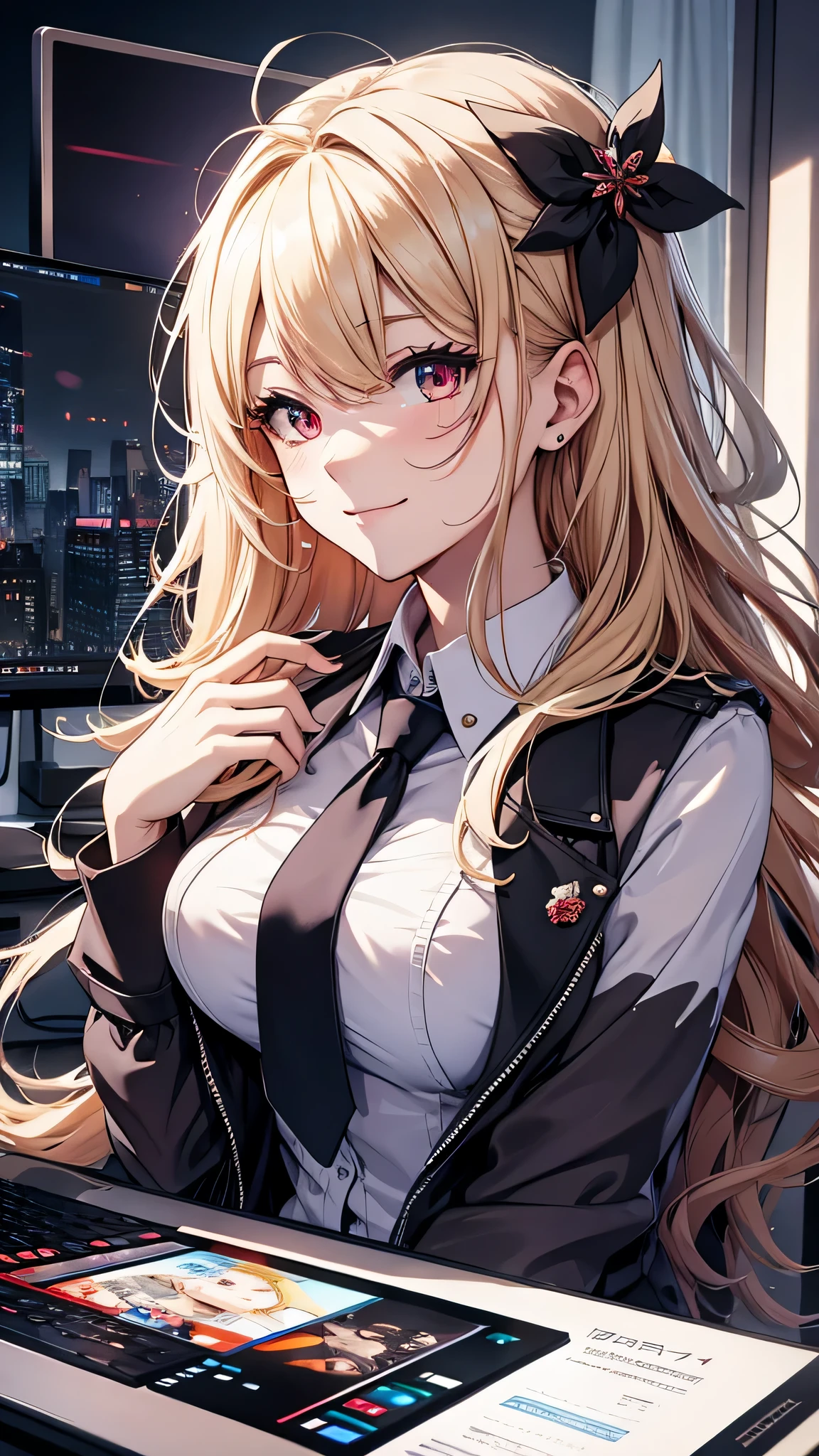 最high quality、best image quality、masterpiece、girl((18-year-old、 By becoming、vest bust、medium bust,wide open breast tea、red glowing eyes, blonde、messy hair、long hair、thin,highest valley、black suit、Blue tie、open chest、White wristband、smile、Leaning forward、hair ornaments、have a laptop)),high quality、beautiful art、background((White computer room))、Flight、debris flies、Depth of written boundary、movie、visual art、perfect art、8K,genuine、