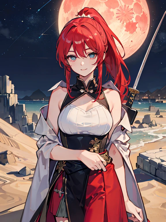 (masterpiece, highest quality,8K quality) adult woman, married woman, red long hair，Tense atmosphere, red long skirt, He carries a long black sheath on his waist., Has a scabbard containing a sword, black long boots, wife, Wearing black mage robes, 50 year old woman looking away, detailed face, fine eyes, 暗赤colorの目, thin droopy eyes, {{{narrow eyes}}}, Long contour, action movie, cute smile, {{{night sky with multiple shining meteors}}}, Red Moon,Moonlight shining in, dawn, straight bangs, great writing background, fantasy background,A town covered with lots of flowers and sand, long red hair ponytail, gothic, big breasts, Knee-high portrait, color, cinematic lighting, highly detailed face, detailed face, beautiful face, beautiful eyes, perfect lighting,parted bangs, written boundary depth, realistic proportions, excellent anatomy,makeup gremory, small details. girl&#39;face,destiny style, Trending on Art Station Pixiv, seductive anime woman, Video game, A soft smile with closed mouth, Beautiful woman, {{{A squishy smile}}}, macross style,Futurism, shining light, UHD, retina, masterpiece, Accurate, anatomically correct,five fingers,白と金colorの髪飾り
