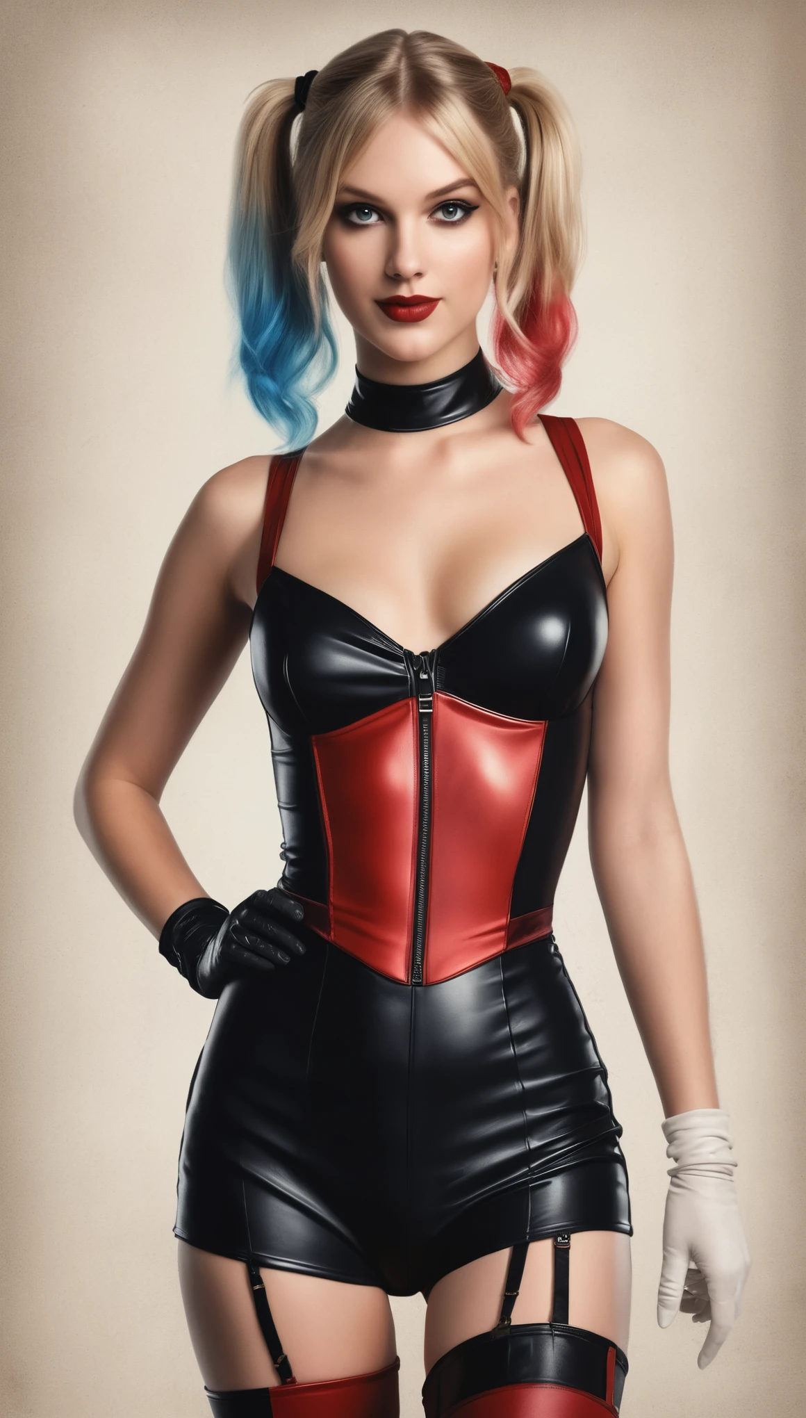 An illustrated movie poster of Taylorr Swift dressed as Harley Quinn, wearing a black and red romper, hourglass figure, f /2.8, cinematic, high quality, skin texture, looking at the camera hard shadows, graphite shading, stencil marks, airbrushed acrylic paint, masterpiece