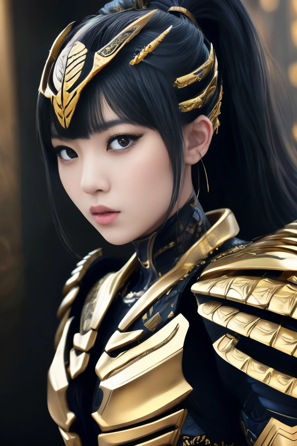 Hyper-realistic portrait of a Japanese girl wearing scorpion-inspired armor, intricate and detailed design with black and gold colors, close-up, shallow depth of field, dramatic lighting, high resolution, accurate representation, unique, creative, well-lit, clear details, Canon EOS R5, 85mm lens, f/1.2, powerful, sophisticated, well-composed, unique pose