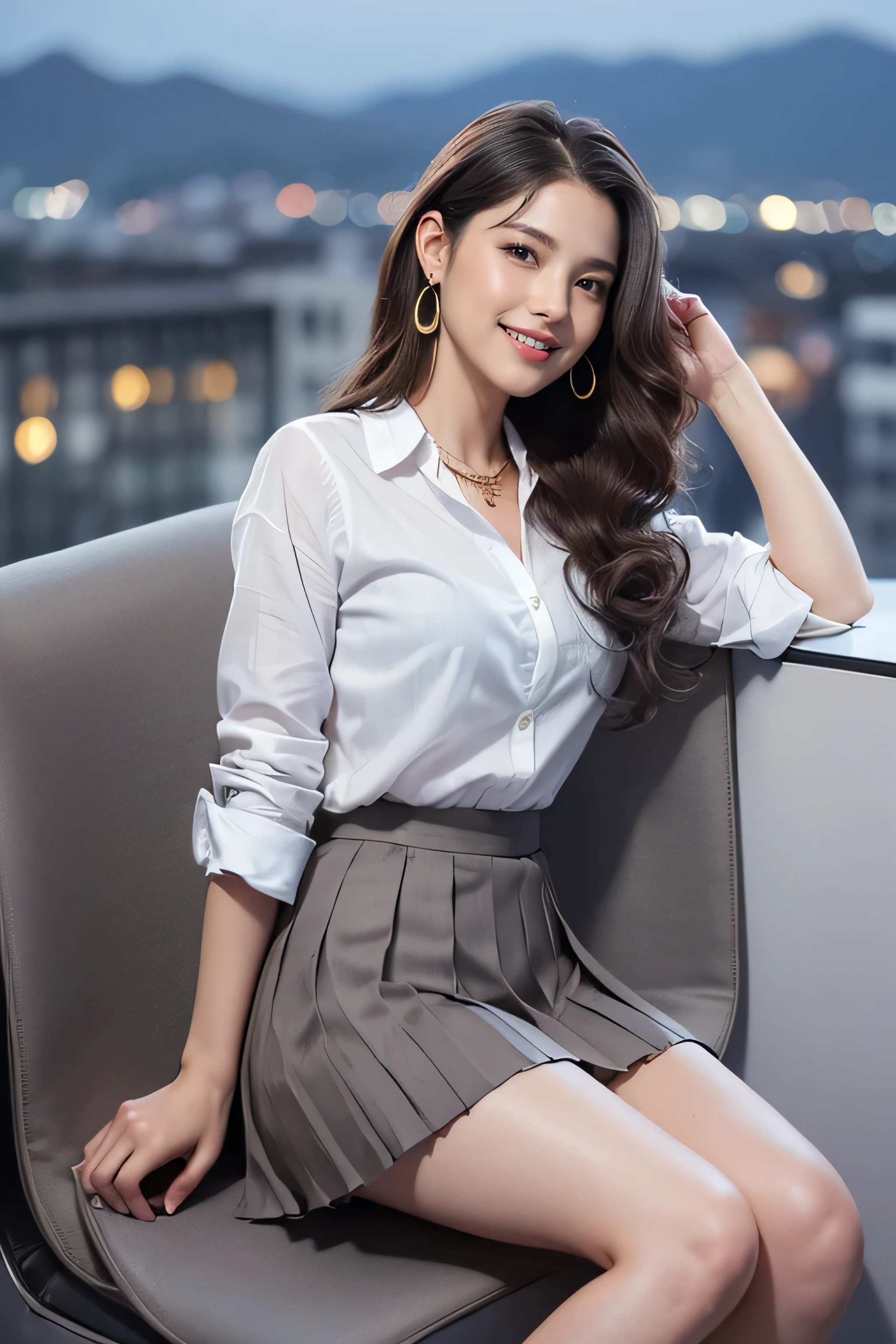 highest quality, masterpiece, 8K, ultra high resolution, (realistic: 1.4), 1 girl, beautiful face, symmetrical eyes, big, perfect body proportions, ((long hair))、((brown hair)), secretary、(luxury business suits)、The viewer's gaze, (president'office、blurred background), Front view, Absolute area (1.3),friendly smile、seems kind、cowboy shot,((shy smile:1.3)),((gold necklace_Large earrings:1.2)),(((wearing ((White Y-shirt、dark grey pleated skirt:1.3)),((Hair with loose waves inside:1.2)),((Super long brown hair:1.2))((sitting on a chair, night view terrace background:1.3))((Facing towards the left side:1.5)),