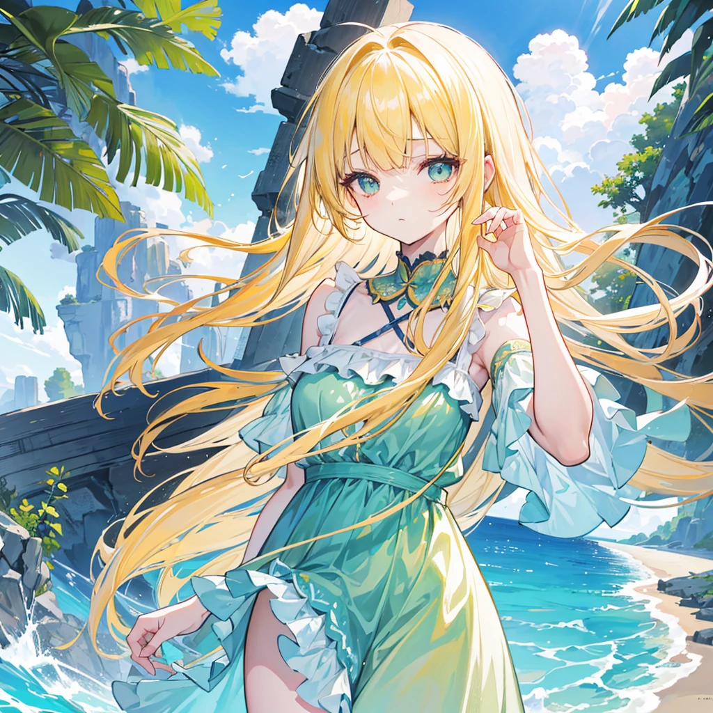 masterpiece, best quality, extremely detailed, anime, 1girl solo girl, longhair, blonde, green eyes, light blue swimsuit, off shoulder lace up swim dress, bikini, frill, halter, navel, slender, small breast, slightly slimmer thighs, beautiful detailed face and eyes, fearless, smile, standing figure, full body, no background