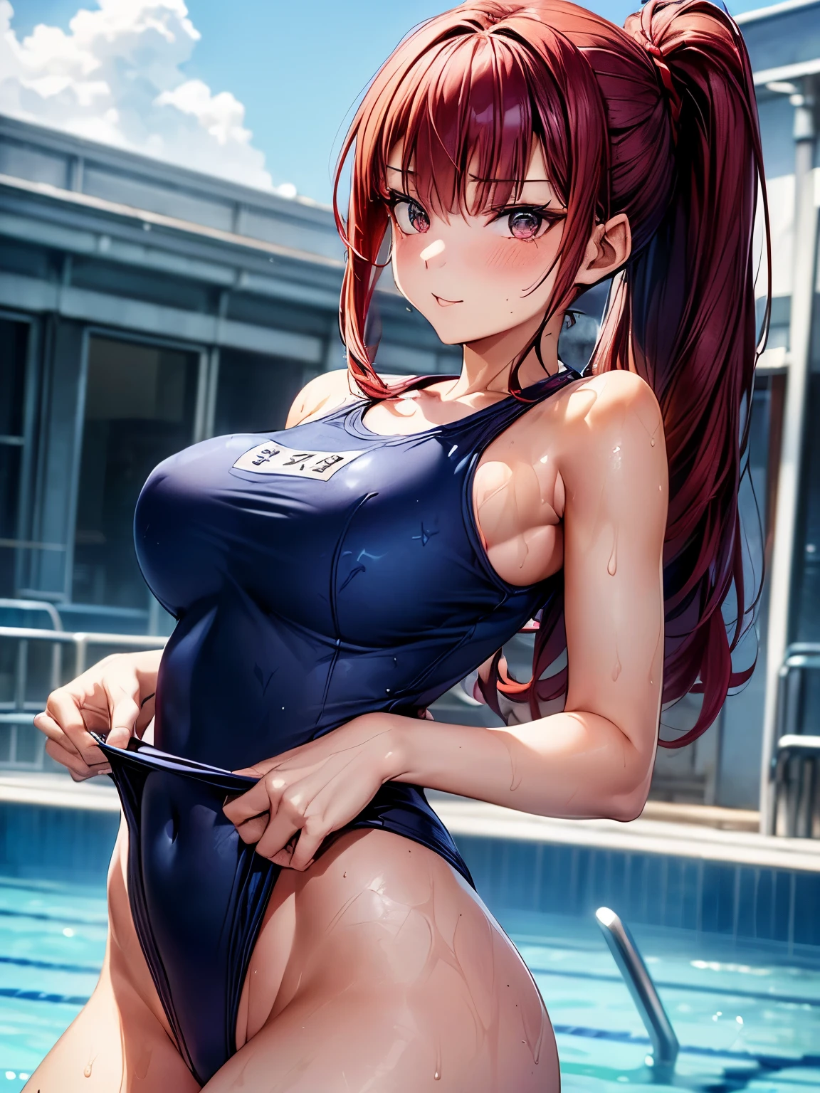 highest quality、nice sexy body、one woman、solo、((Beautiful busty woman:1.3))、((Woman with dark red hair:1.3))、ponytail woman、long hair woman、((A woman wearing a navy blue one-piece school swimsuit:1.3))、public pool