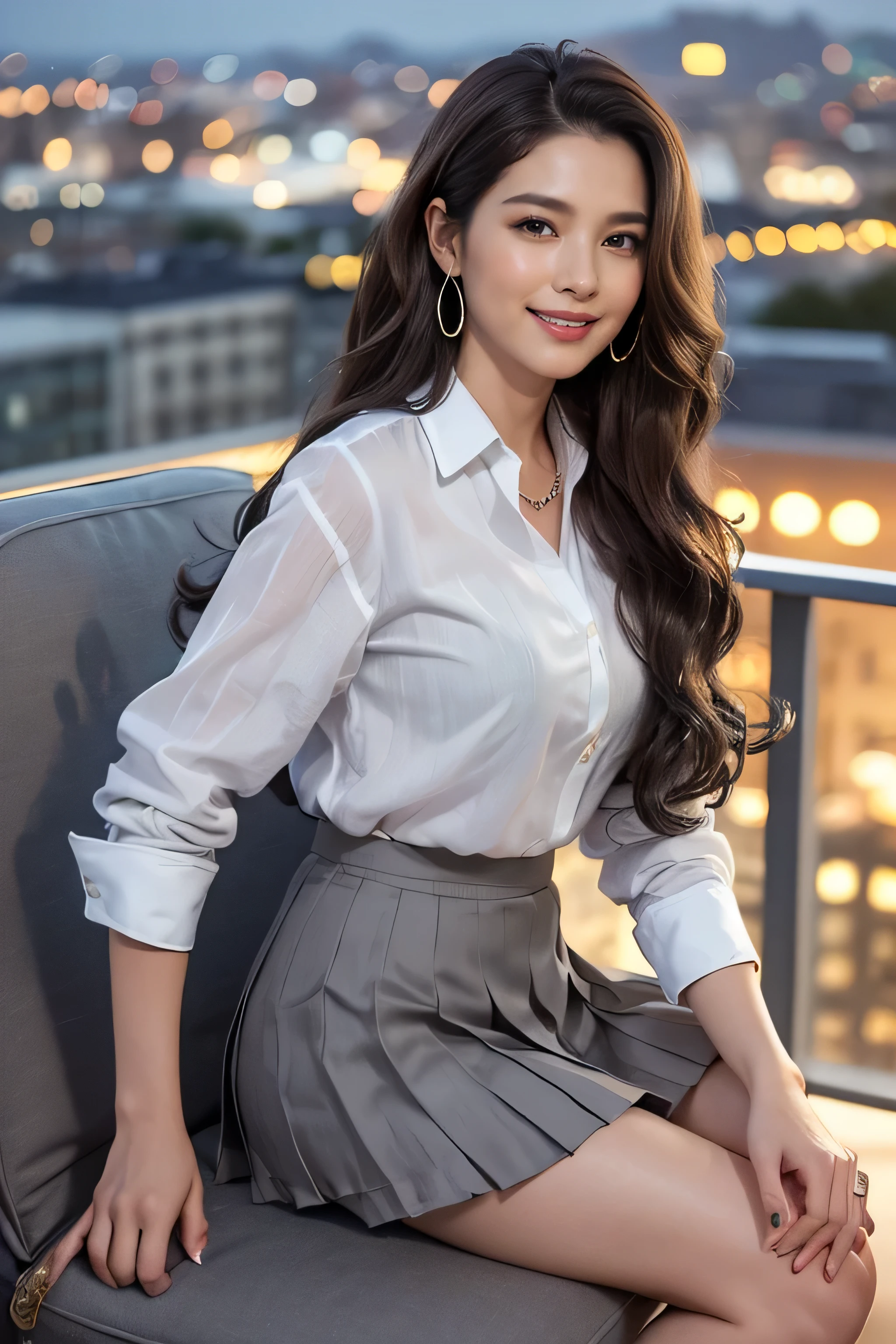 highest quality, masterpiece, 8K, ultra high resolution, (realistic: 1.4), 1 girl, beautiful face, symmetrical eyes, big, perfect body proportions, ((long hair))、((brown hair)), secretary、(luxury business suits)、The viewer&#39;s gaze, (president&#39;office、blurred background), Front view, Absolute area (1.3),friendly smile、seems kind、cowboy shot,((shy smile:1.3)),((gold necklace＿Large earrings:1.2)),(((wearing ((White Y-shirt、dark grey pleated mini skirt:1.3)),((Hair with loose waves inside:1.2)),((Super long brown hair:1.2))((sitting on a chair, night view terrace background:1.3))((Facing towards the left side:1.5)),