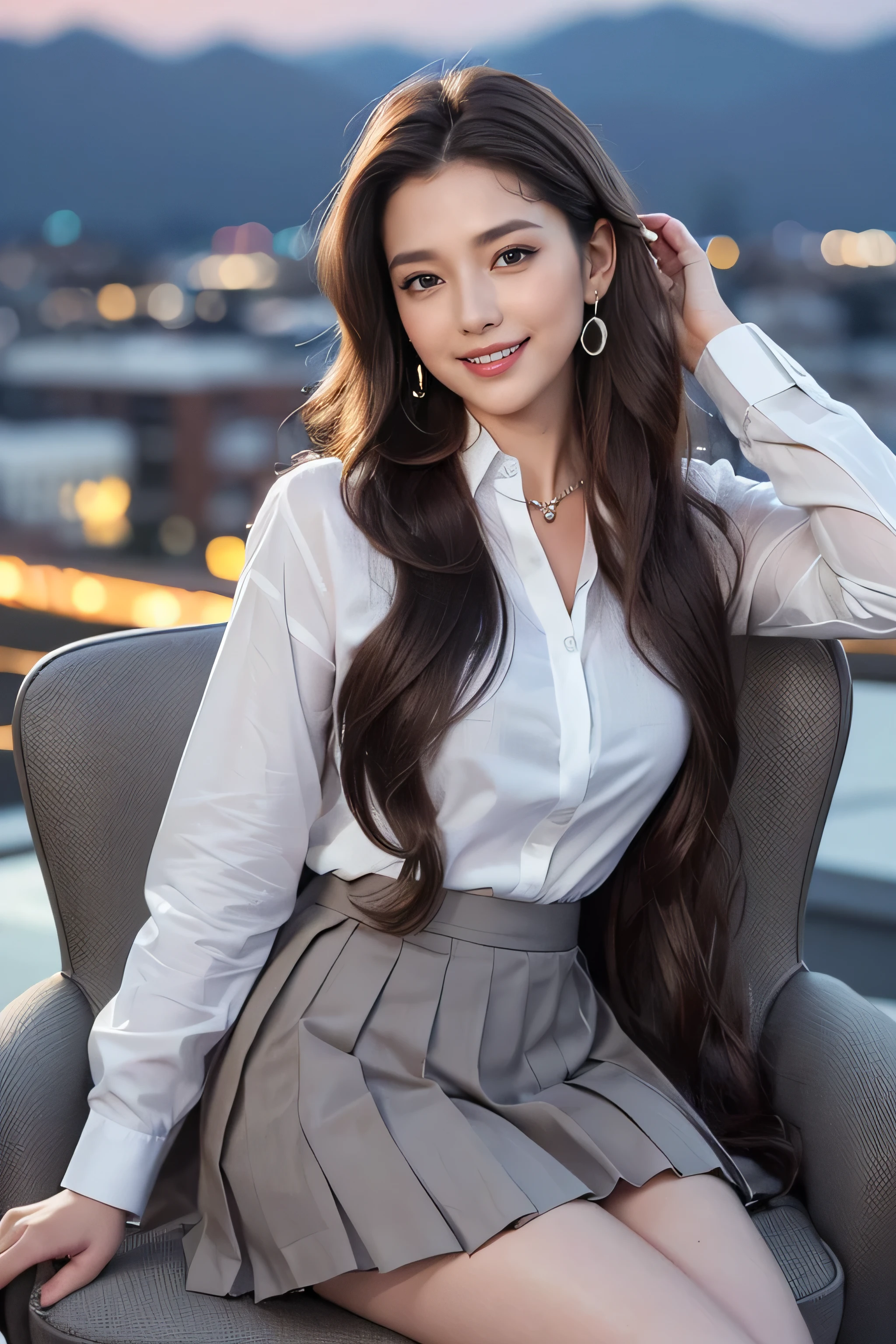 highest quality, masterpiece, 8K, ultra high resolution, (realistic: 1.4), 1 girl, beautiful face, symmetrical eyes, big, perfect body proportions, ((long hair))、((brown hair)), secretary、(luxury business suits)、The viewer&#39;s gaze, (president&#39;office、blurred background), Front view, Absolute area (1.3),friendly smile、seems kind、cowboy shot,((shy smile:1.3)),((gold necklace＿Large earrings:1.2)),(((wearing ((White Y-shirt、dark grey pleated mini skirt:1.3)),((Hair with loose waves inside:1.2)),((Super long brown hair:1.2))((sitting on a chair, night view terrace background:1.3))((Facing towards the left side:1.5)),