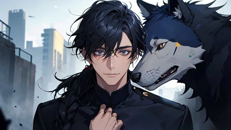 (highest quality, High resolution, masterpiece:1.2),Super detailed,realistic,portrait,A chaotic scene,Dark and mysterious atmosphere,male,Deep blue hair,Tie in a low ponytail,Black and navy blue pilot suit,expensive,Caring for the wolves,He has a navy coat on his shoulders,there's no one behind me,dark blue eyes,smiled a little,With the wolf