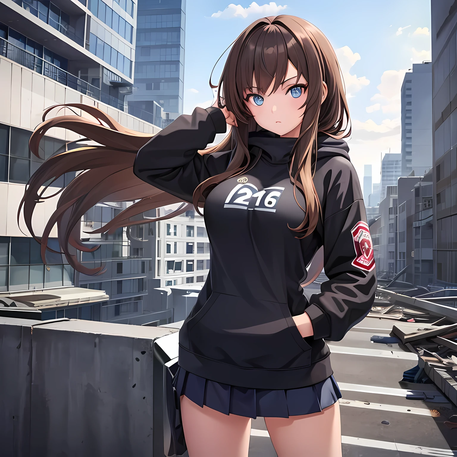 one girl, Brown-haired, Blue-eyed, fair-skinned and beautiful girl, Wearing hoodie, wear a skirt, big breast, the rooftop background of the Abandoned building, height of the girl 160 Cm, Anime face, high detailed,