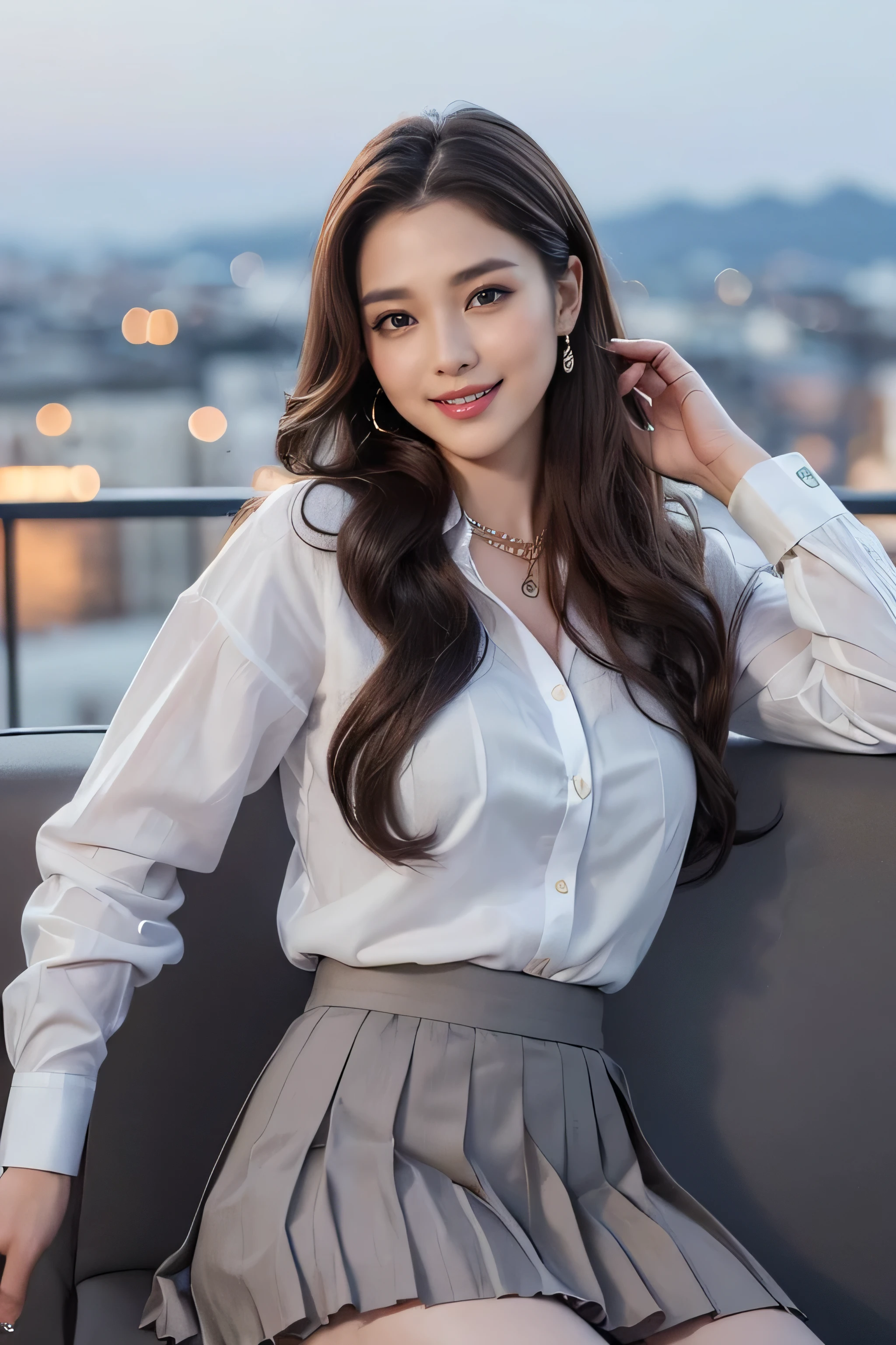 highest quality, masterpiece, 8K, ultra high resolution, (realistic: 1.4), 1 girl, beautiful face, symmetrical eyes, big, perfect body proportions, ((long hair))、((brown hair)), secretary、(luxury business suits)、The viewer&#39;s gaze, (president&#39;office、blurred background), Front view, Absolute area (1.3),friendly smile、seems kind、cowboy shot,((shy smile:1.3)),((gold necklace＿Large earrings:1.2)),(((wearing ((White Y-shirt、dark grey pleated mini skirt:1.3)),((Hair with loose waves inside:1.2)),((Super long brown hair:1.2))((sitting on a chair, night view terrace background:1.3))((Facing towards the left side:1.5)),