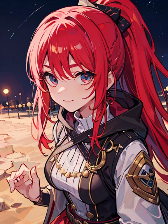 (masterpiece, highest quality,8K quality) adult woman, married woman, red long hair，Tense atmosphere, red long skirt, He carries a long black sheath on his waist., Has a scabbard containing a sword, 黒のロングboots, wife, Wearing black mage robes, 50 year old woman looking away, detailed face, fine eyes, 暗赤colorの目, thin droopy eyes, {{{narrow eyes}}}, Long contour, action movie, cute smile, {{{night sky with multiple shining meteors}}}, Red Moon,Moonlight shining in, dawn, straight bangs, great writing background, fantasy background,A town covered with lots of flowers and sand, 長い赤毛のponytail, gothic, big breasts, Knee-high portrait, color, cinematic lighting, highly detailed face, detailed face, beautiful face, beautiful eyes, perfect lighting,parted bangs, written boundary depth, realistic proportions, excellent anatomy,makeup gremory, small details. girl&#39;face,destiny style, Trending on Art Station Pixiv, seductive anime woman, Video game, A soft smile with closed mouth, Beautiful woman, {{{A squishy smile}}}, macross style,Futurism, shining light, UHD, retina, masterpiece, Accurate, anatomically correct,five fingers,白と金colorの髪飾り,boots,ponytail、Bushy hair
