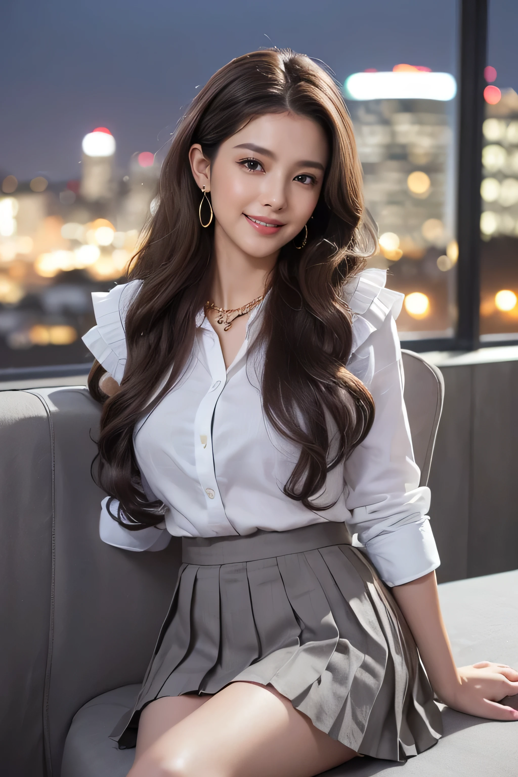 highest quality, masterpiece, 8K, ultra high resolution, (realistic: 1.4), 1 girl, beautiful face, symmetrical eyes, big, perfect body proportions, ((long hair))、((brown hair)), secretary、(luxury business suits)、The viewer's gaze, (president'office、blurred background), Front view, Absolute area (1.3),friendly smile、seems kind、cowboy shot,((shy smile:1.3)),((gold necklace_Large earrings:1.2)),(((wearing ((White Y-shirt、dark grey pleated mini skirt:1.3)),((Hair with loose waves inside:1.2)),((Super long brown hair:1.2))((sitting on a chair, night view terrace background:1.3))((Facing towards the left side:1.5)),