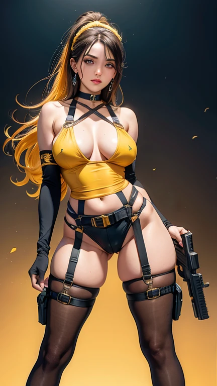 gorgeus girl, olhos verdes profundos amendoados, muscular arms, Ultra HD, retina, obra de arte, Anatomicamente Correto, pele texturizada, detalhes altos, premiado, Melhor qualidade, 8k, alto,( holster, gun holster, bondage gear, armwear, legwear, Choker, black gloves, elbow sleeves, yellow headband, pantyhose, harness, belt with pounches,), shirtless, bottomless, shaved pussy, large perfect breasts, wide hips, thick thighs, naked, clothless,
