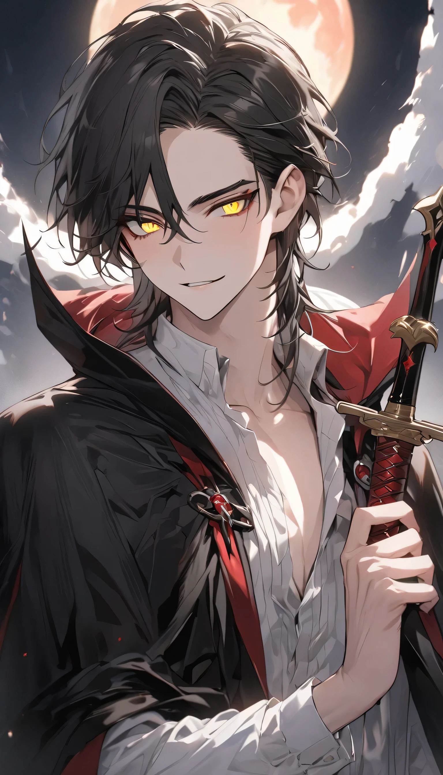 (highest quality、masterpiece、High resolution、detailed)、(beautiful anime)、(Shining eyes、detailed)､Break、A tall, thin young man with a handsome face with perfect pale features, long black hair, yellow eyes, beautiful black eyebrows, vampire, There is a thoughtful look on his face, Wearing a pure white shirt and black cloak, In his hand is a dagger、A red full moon on his back