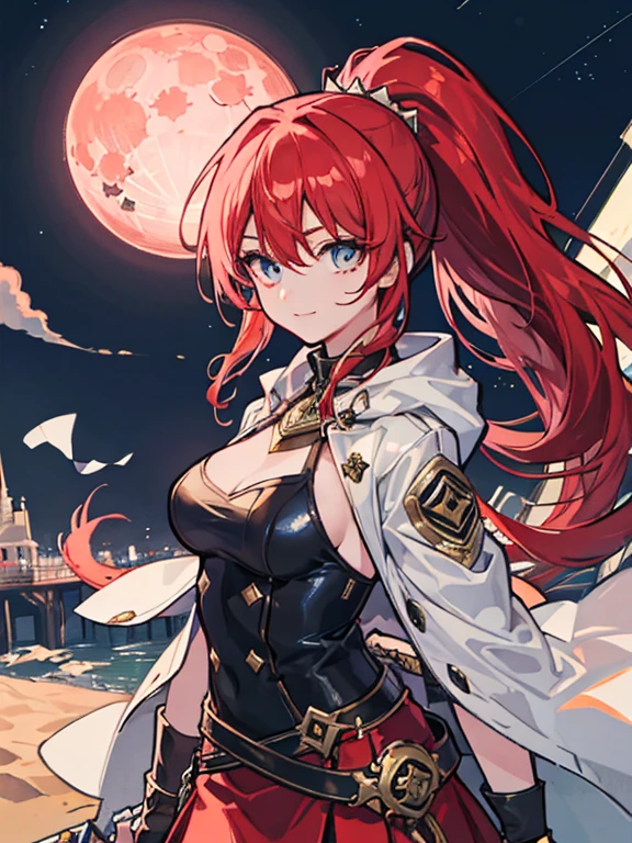 (masterpiece, highest quality,8K quality) adult woman, married woman, red long hair，Tense atmosphere, red long skirt, He carries a long black sheath on his waist., Has a scabbard containing a sword, 黒のロングboots, wife, Wearing black mage robes, 50 year old woman looking away, detailed face, fine eyes, 暗赤colorの目, thin droopy eyes, {{{narrow eyes}}}, Long contour, action movie, cute smile, {{{night sky with multiple shining meteors}}}, Red Moon,Moonlight shining in, dawn, straight bangs, great writing background, fantasy background,A town covered with lots of flowers and sand, 長い赤毛のponytail, gothic, big breasts, Knee-high portrait, color, cinematic lighting, highly detailed face, detailed face, beautiful face, beautiful eyes, perfect lighting,parted bangs, written boundary depth, realistic proportions, excellent anatomy,makeup gremory, small details. girl&#39;face,destiny style, Trending on Art Station Pixiv, seductive anime woman, Video game, A soft smile with closed mouth, Beautiful woman, {{{A squishy smile}}}, macross style,Futurism, shining light, UHD, retina, masterpiece, Accurate, anatomically correct,five fingers,白と金colorの髪飾り,boots,ponytail、Bushy hair