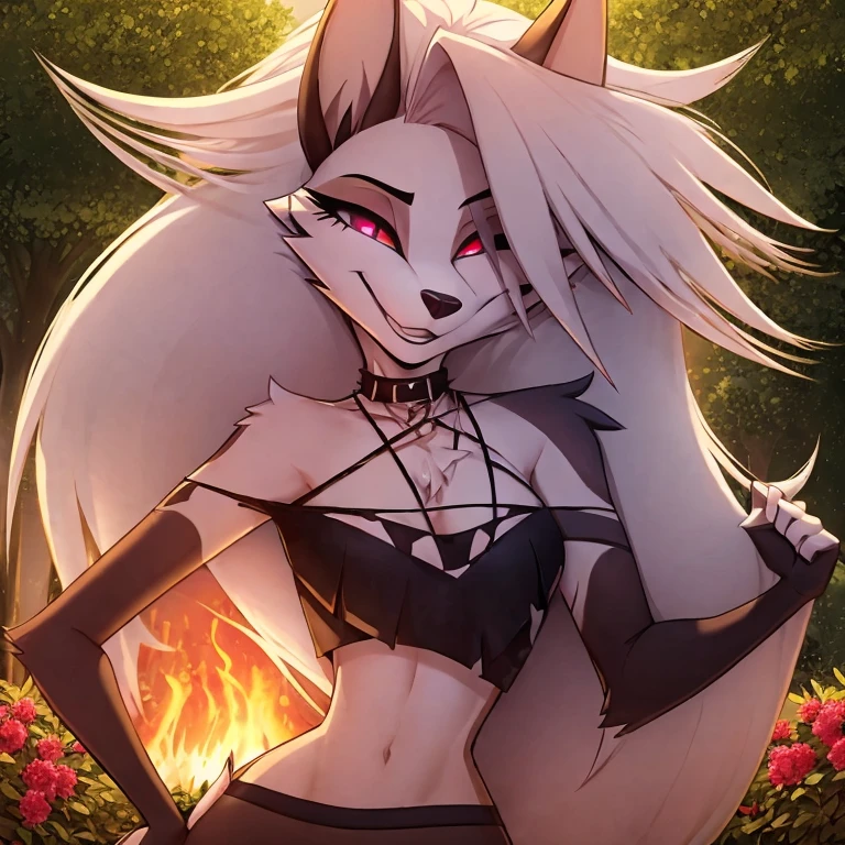 (Allein), (Meisterwerk, Professionelles Zeichnen), (8k, high resolution), (Loona verschmolzen mit Queebee), , Half body, Stehen, smiling, Ich schaue auf dich, Sexy, Slips mit hoher Taille, perfekte Proportionen, Anatomisch korrekt, Tageszeit, garden, Licht, Baum, realistic Lichting, detaillierte Augen, Half body photo,