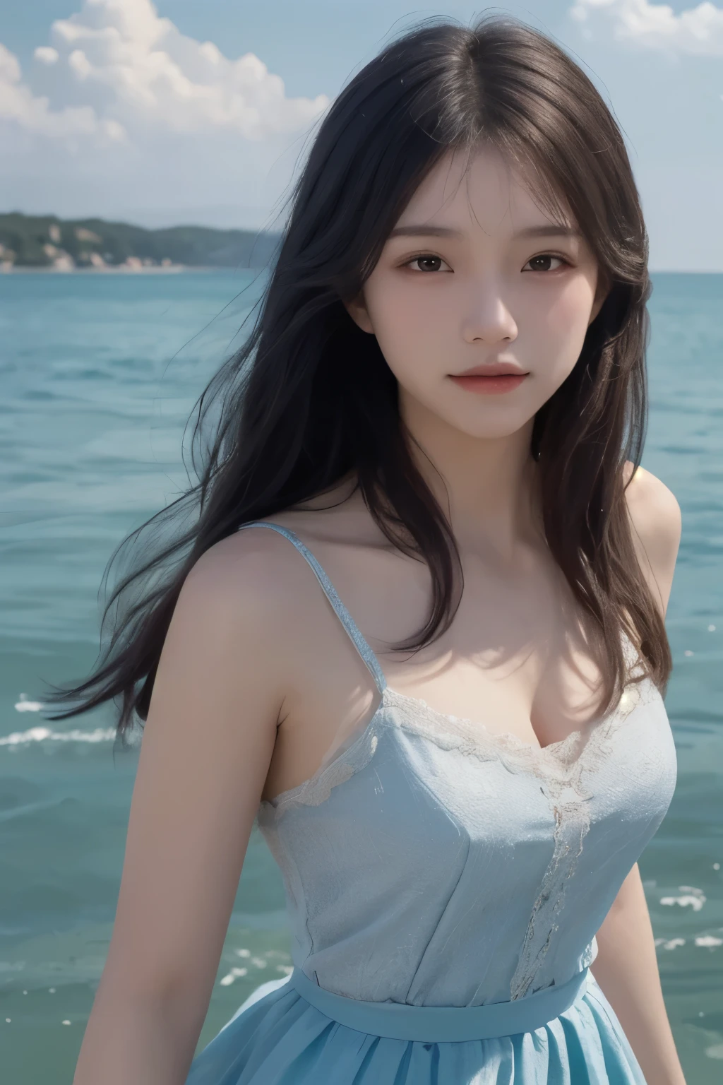 (masterpiece, actual: 1.4), (extremely high precision: 1.2) &GT;, close up, portrait, (Upper body: 1.2), (front: 1.3), 191971 dress, Back Dress, (long skirt: 1.2), Extra-long hair, ??????, ???? shoulders, Sky, ocean, water, looking at the audience, Italian, head tilt, Wind, cloud, Sunlight, outdoor, 1 girl,Smiling， ，Highly detailed facial and skin textures，surreal，Super real photos，美丽delicate eyes，alone, rest, film light, ultra high resolution, 8K Ultra HD, Film particles, perfect ???????, Delicate and Beautifully skin, best shade, Beautifully, raw, High resolution,Highly detailed facial and skin textures, delicate eyes,surreal，Super real photos，Very detailed CG unified 8k wallpaper，（masterpiece），（best quality），（Super detailed），（Super real photos），（Best character details：1.36），There is light on the face, movie lighting，illustration, Very detailed，Level verbose, High resolution, Very detailed, best quality, masterpiece