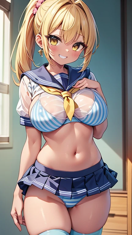 highest quality,wonderful,finely,extremely detailed CG Unity 8K wallpaper, (1 girl,blonde, yellow eyes, low ponytail, Scrunchie, earrings、evil smile), (grin and laugh:1.1), ((brown skin:1.2), (Light blue striped underwear:1.3), (see-through:1.3), (huge breasts:1.1),(sailor uniform:1.3), (bra lift:1.2), (zettai ryouiki:1.4)