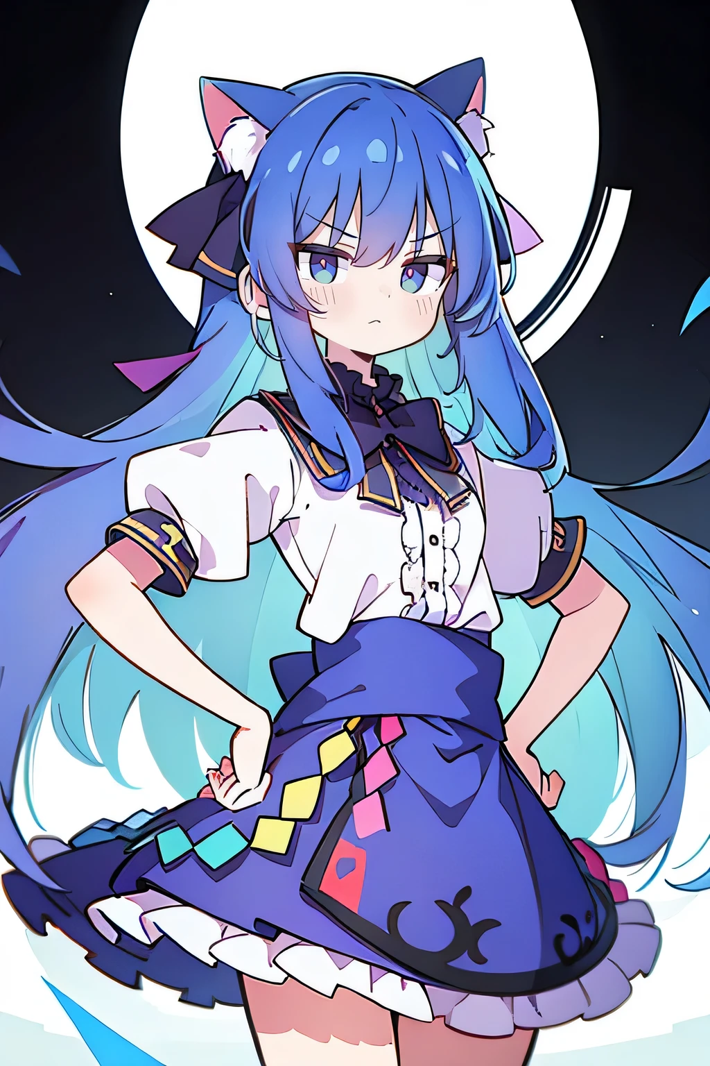 (masterpiece),best quality, expressive eyes, perfect face, 1girl,
 Put your hands on your waist,fair, Gorgeous,Japanese cartoons,girl,lola,Hina Angel, blue hair, blue haired, floating clothes,Grab your waist, Grab your waist, hands on ???? , hands on ????,sit, sit on ground, Legs on the ground, flat ?????,cat ears,