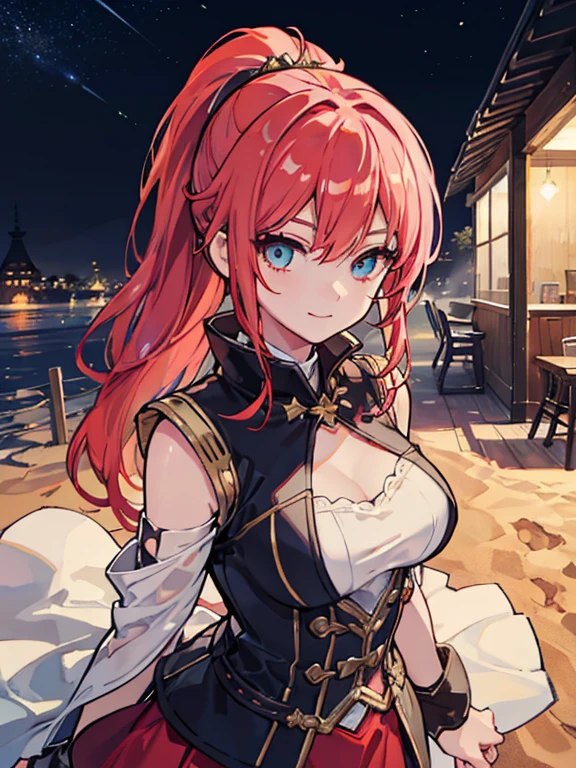 (masterpiece, highest quality,8K quality) adult woman, married woman, red long hair，Tense atmosphere, red long skirt,  黒のロングboots, wife, Wearing black mage robes, 50 year old woman looking away, detailed face, fine eyes, 暗赤colorの目, thin droopy eyes, {{{narrow eyes}}}, Long contour, action movie, cute smile, {{{night sky with multiple shining meteors}}}, Red Moon,Moonlight shining in, dawn, straight bangs, great writing background, fantasy background,A town covered with lots of flowers and sand, 長い赤毛のponytail, gothic, big breasts, Knee-high portrait, color, cinematic lighting, highly detailed face, detailed face, beautiful face, beautiful eyes, perfect lighting,parted bangs, written boundary depth, realistic proportions, excellent anatomy,makeup gremory, small details. girl&#39;face,destiny style, Trending on Art Station Pixiv, seductive anime woman, Video game, A soft smile with closed mouth, Beautiful woman, {{{A squishy smile}}}, macross style,Futurism, shining light, UHD, retina, masterpiece, Accurate, anatomically correct,five fingers,白と金colorの髪飾り,boots,ponytail、Bushy hair,Large hair ornament,Gold flower,white flower hair ornament