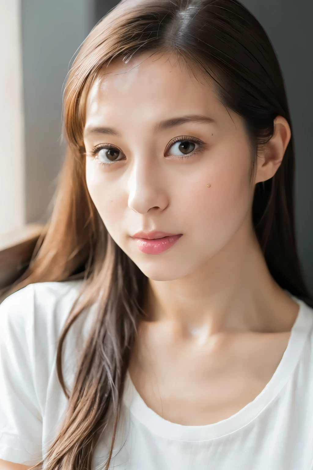 (8K, RAW photo, high quality, High resolution:1.1), Skinny Japanese woman, 30 years old, small breasts, very thin waist, (hyperrealistic:1.4), (realistic, photorealistic:1.3), soft light, realistic face, small face, cute face, realistic body, realistic skin, disorganized, masterpiece, (cute:1.8), (leaning forward:1.8), (From above:1.2), (close:1.4), (crawl on all fours), (white loose t-shirt:1.2), (Beautiful breasts:0.9), (long hair, ponytail), ((cleavage)), fine black eyes, innocent eyes, droopy eyes, Watery eyes, open lips, blush, good style, cinema light, film Grain, look viewer, full Body, Depth of field, blurred background, Eye focus, young, 85mm lens, f/1.4, professional lighting, portrait, photon mapping, radio city, Physically based rendering, Transparency, Day book girl, Day, Sunny, outdoor