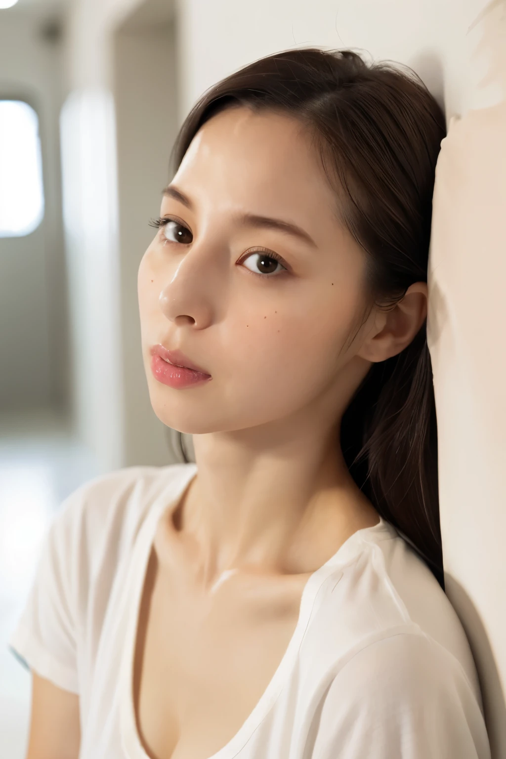 (8K, RAW photo, high quality, High resolution:1.1), Skinny Japanese woman, 30 years old, small breasts, very thin waist, (hyperrealistic:1.4), (realistic, photorealistic:1.3), soft light, realistic face, small face, cute face, realistic body, realistic skin, disorganized, masterpiece, (cute:1.8), (leaning forward:1.8), (From above:1.2), (close:1.4), (crawl on all fours), (white loose t-shirt:1.2), (Beautiful breasts:0.9), (long hair, ponytail), ((cleavage)), fine black eyes, innocent eyes, droopy eyes, Watery eyes, open lips, blush, good style, cinema light, film Grain, look viewer, full Body, Depth of field, blurred background, Eye focus, young, 85mm lens, f/1.4, professional lighting, portrait, photon mapping, radio city, Physically based rendering, Transparency, Day book girl, Day, Sunny, outdoor