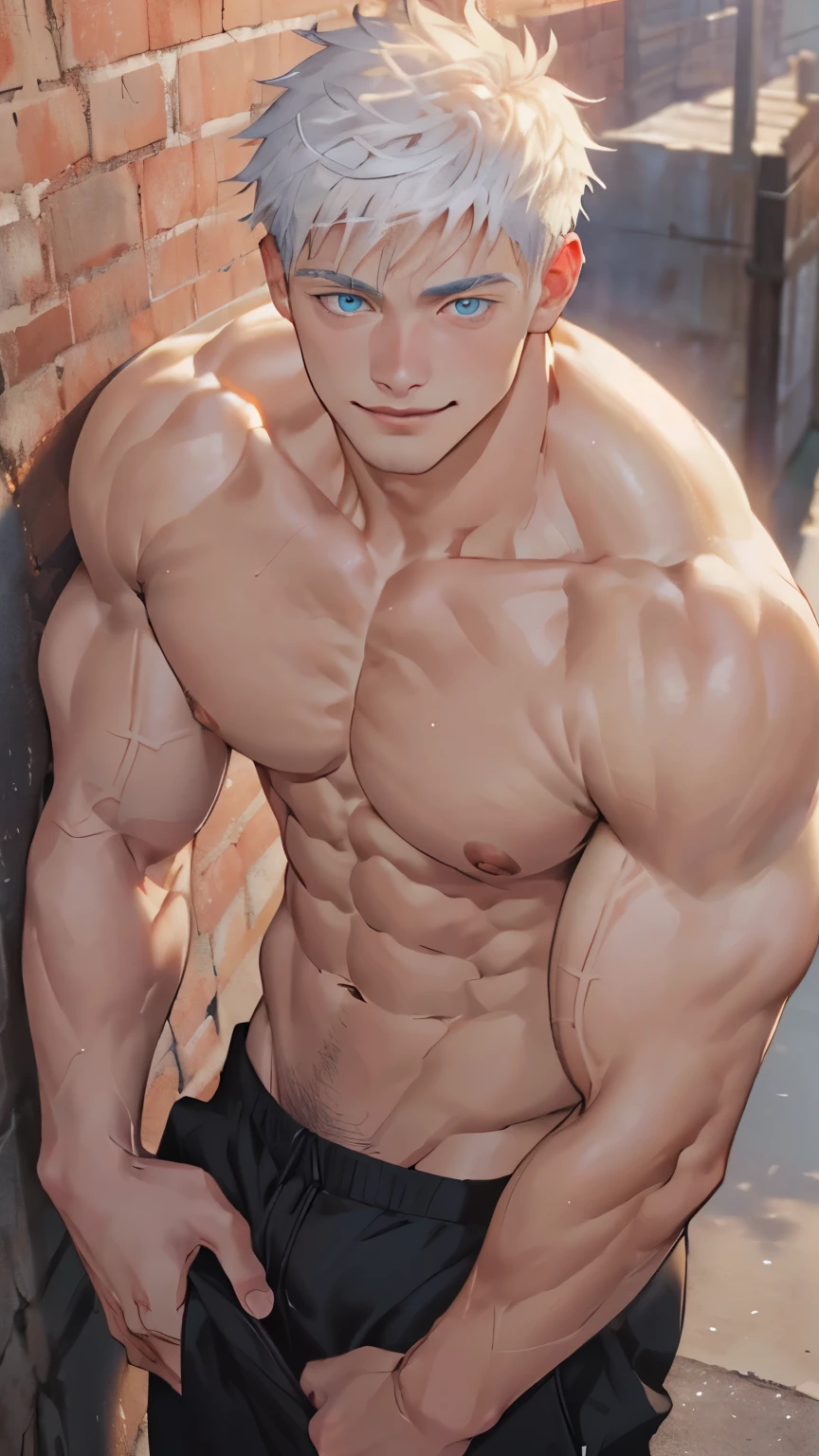 ((the best quality)), ((Masterpiece)), (details), perfect face, high definition, Masterpiece,4k,details clearly, Handsome face, white skin, perfect body, male body, strong muscles, abdomen, blue eyes, white skin, The most handsome man in the world, handsome, The coolest face, Male characters, close image (1man, shirtless), young man, mischievous smile, Extremely muscular tall man, open your eyes ((detailed eyes)), huge, muscular body and Massive, bulging pecs, muscular abs, narrow waist, short hair, blue eyes, delicate big eyes, carefree expression, clear face, handsome (detailed face, perfect face) ((extremely realistic shadows, bodybuilding posture, human, ((22-year-old young man)), V shape, athletic pants, athletic, Shirtless, Sunlight, Street wall, lower pants, topless, close up look, CG sense, Textured skin, the best quality, Storytelling images, lower your pants, show Panty line, Show your abs, show arm muscle, white hair, shining blue eyes, powerful Sorcerer, lightning strike