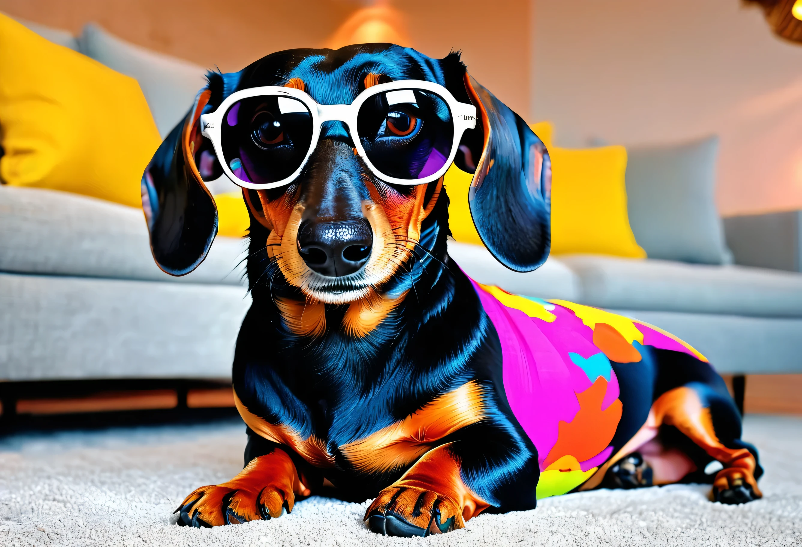 Dachshund with glasses2animal, whole body、animal pictures, Vivid cartoon art, very high quality artwork, pop art, colourful artwork, mixed art styles, urban art style, art style, maximalist, Large colorful images, Wild Style, art style, High quality glossy art, High Resolution Art,Taking a nap in the lounge of a resort hotel、airbrush