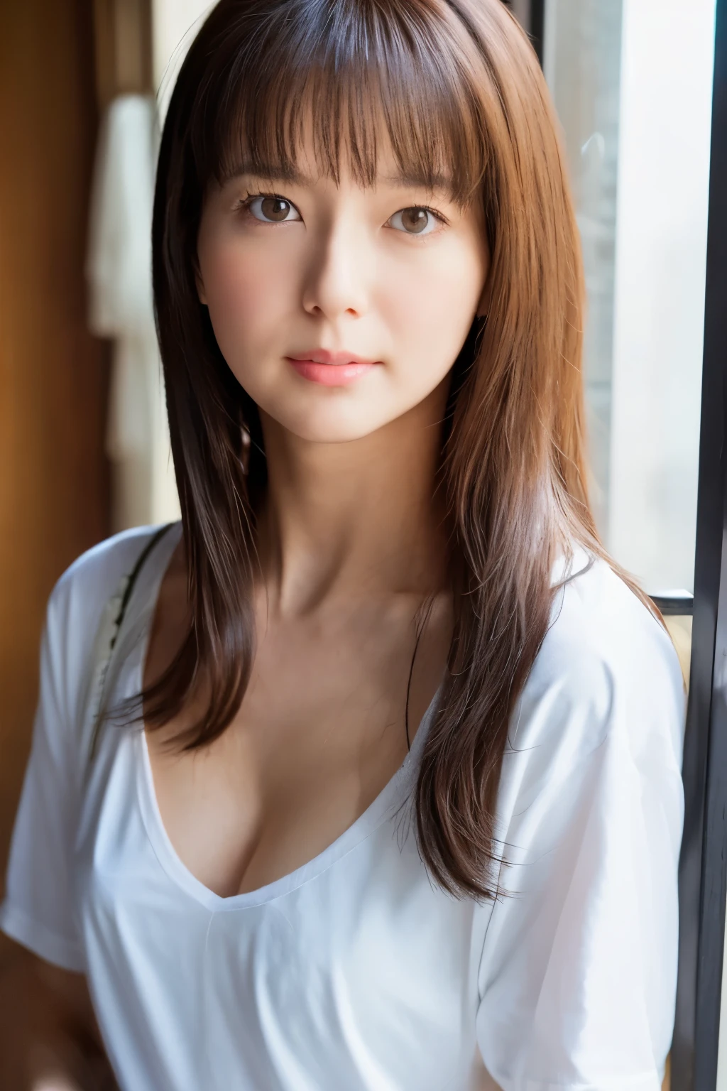 (8K, RAW photo, high quality, High resolution:1.1), Skinny Japanese woman, 30 years old, small breasts, very thin waist, (hyperrealistic:1.4), (realistic, photorealistic:1.3), soft light, realistic face, small face, cute face, realistic body, realistic skin, disorganized, masterpiece, (cute:1.8), (leaning forward:1.8), (From above:1.2), (close:1.4), (crawl on all fours), (white loose t-shirt:1.2), (Beautiful breasts:0.9), (long hair, ponytail), ((cleavage)), fine black eyes, innocent eyes, droopy eyes, Watery eyes, open lips, blush, good style, cinema light, film Grain, look viewer, full Body, Depth of field, blurred background, Eye focus, young, 85mm lens, f/1.4, professional lighting, portrait, photon mapping, radio city, Physically based rendering, Transparency, Day book girl, Day, Sunny, outdoor