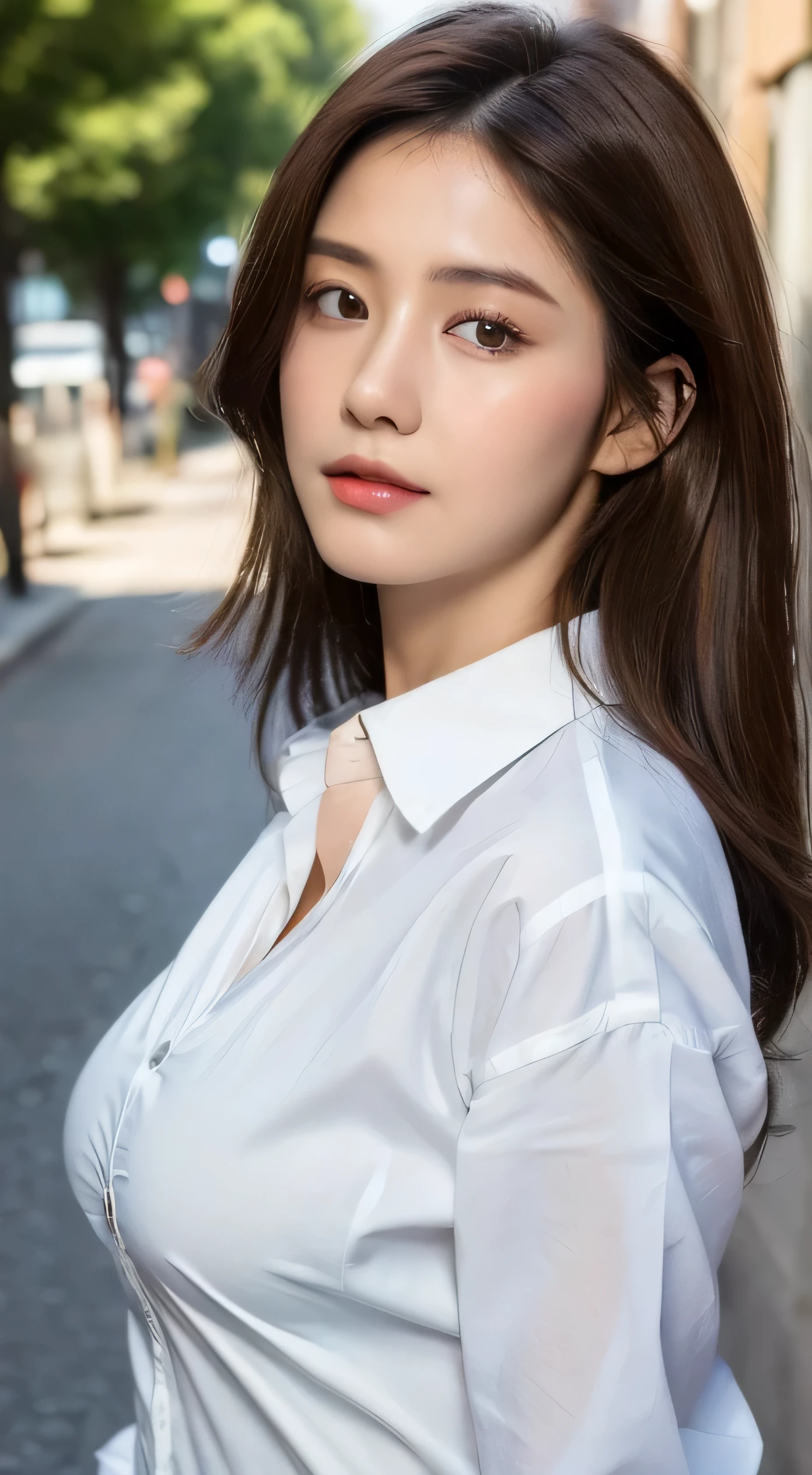((best quality, 8K, masterpiece :1.3)), sharp focus :1.2, beautiful woman,Perfect body :1.4, slim abs :1.2, ((Dark brown hair, big breasts :1.2)), (White Button-Down Long Shirt :1.1), city street:1.2, Highly detailed facial and skin textures, delicate eyes, double eyelids