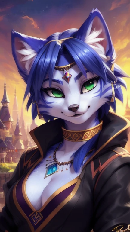 A beautiful and detailed (sweet portrait) von ((Krystal)), Sternenfuchs Krystal, Schlank, liebenswert, Green eyes, Small breasts, fantasy robe, Dekollete, Grinsen, hoch schauen,, Anthro, Pelzig, holografischer Bildschirm, Hochgeladen E621, detailed flauschige fur, (von Fluff-Kevlar, Bayard Wu, personalami, Pino Daeni), detailliertes Gesicht, (flauschige), 1girl, Allein, kein Wasserzeichen