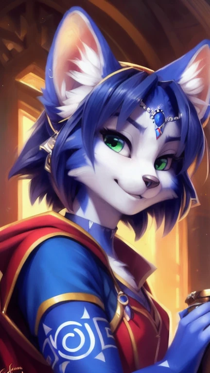 A beautiful and detailed (sweet portrait) von ((Krystal)), Sternenfuchs Krystal, Schlank, liebenswert, Green eyes, Small breasts, fantasy robe, Dekollete, Grinsen, hoch schauen,, Anthro, Pelzig, holografischer Bildschirm, Hochgeladen E621, detailed flauschige fur, (von Fluff-Kevlar, Bayard Wu, personalami, Pino Daeni), detailliertes Gesicht, (flauschige), 1girl, Allein, kein Wasserzeichen