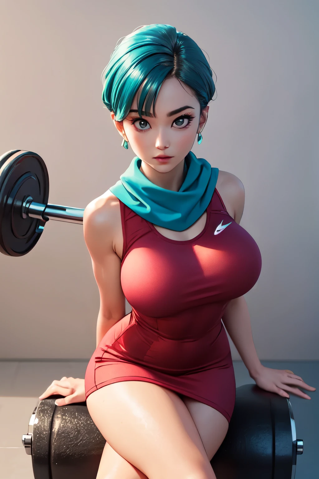 (ultra realistic,32k,RAW photo:1.1),(high detailed skin:1.1), 8k uhd, dslr, high quality, film grain, (makeup, mascara:1.1), lips,(thick\lips\), doing fitness with dumbbells,
(shiny glossy translucent clothing:1.1), dragon ball, blmshort, aqua hair, very short hair, earrings, jewelry, red dress, sports outfit, yellow scarf, sleeveless, huge breast, 
(looking at viewer, sitting, crossed legs, from above:1.1),, 
 (busty:1.1) ,  (chubby:0.1),(tenebrism:1.1),dark theme, blank background