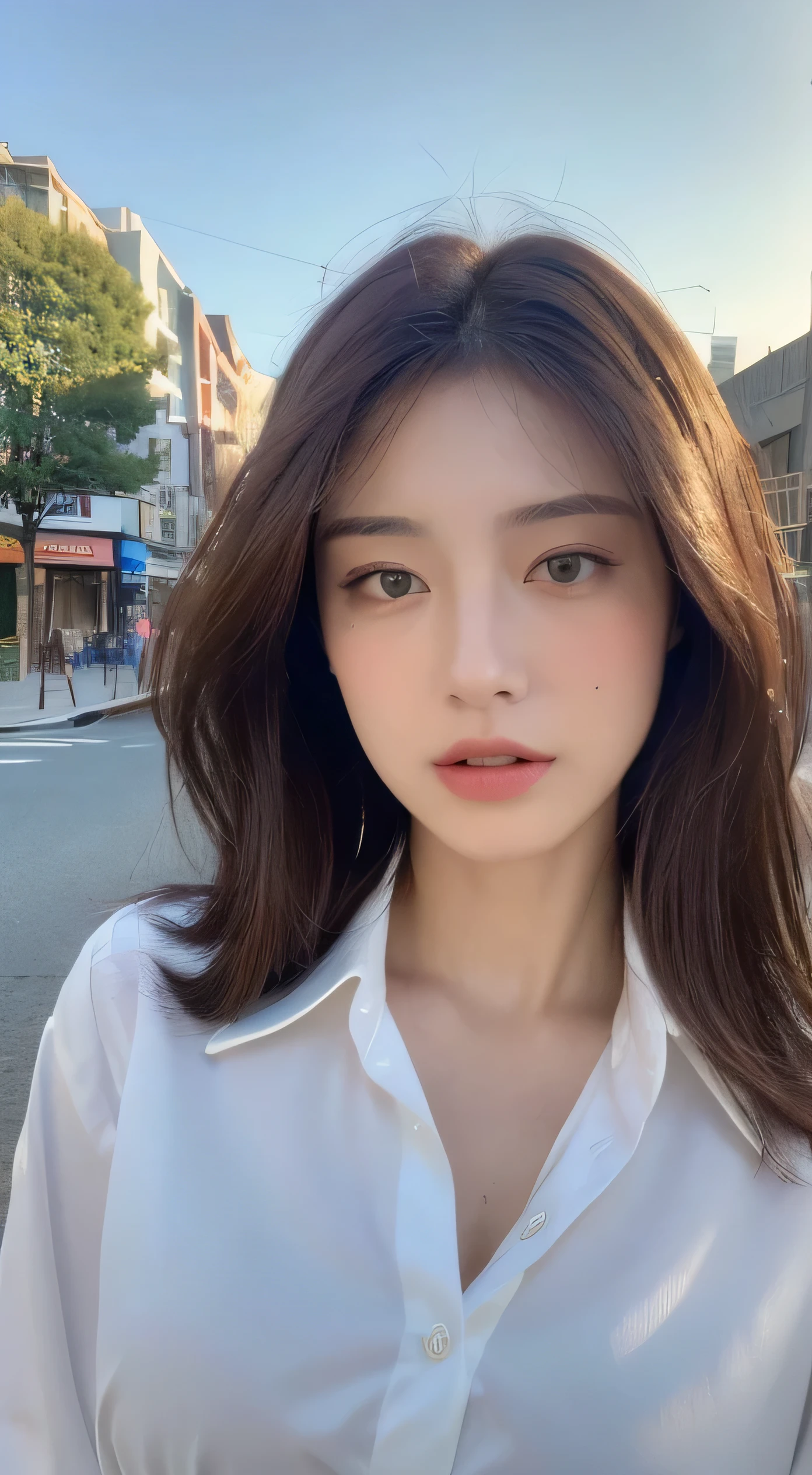 ((best quality, 8K, masterpiece :1.3)), sharp focus :1.2, beautiful woman,Perfect body :1.4, slim abs :1.2, ((Dark brown hair, big breasts :1.2)), (White Button-Down Long Shirt :1.1), city street:1.2, Highly detailed facial and skin textures, delicate eyes, double eyelids