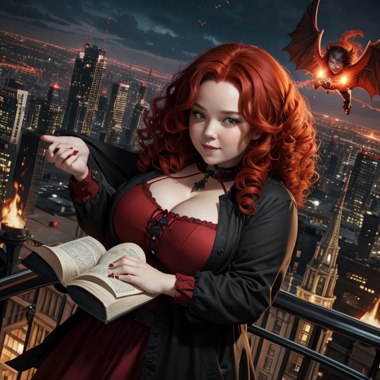 Woman with curly red hair, a little chubby, evil witch, red and black clothes, evil book, flying over the city,Magic effects in one hand