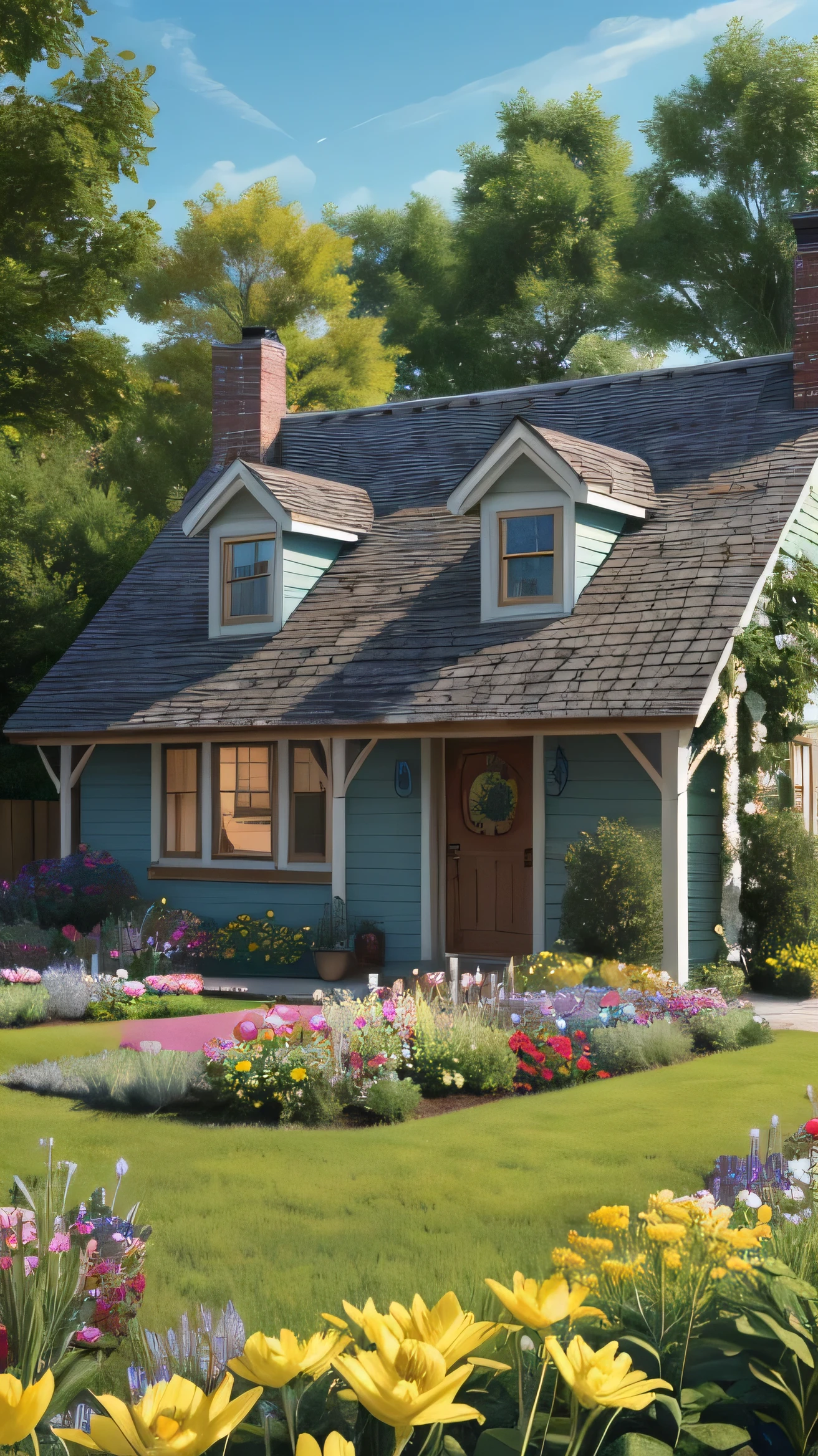 a close up of a house in a field of flowers, beatiful house, cottagecore!!, cottagecore, flowery cottage, house background, beautiful wallpaper, idyllic cottage, hd wallpaper, cottagecore flower garden, a beautiful landscape, amazing wallpaper, sunlight and whimsical houses, by Franz Hegi, beautiful composition 3 - d 4 k